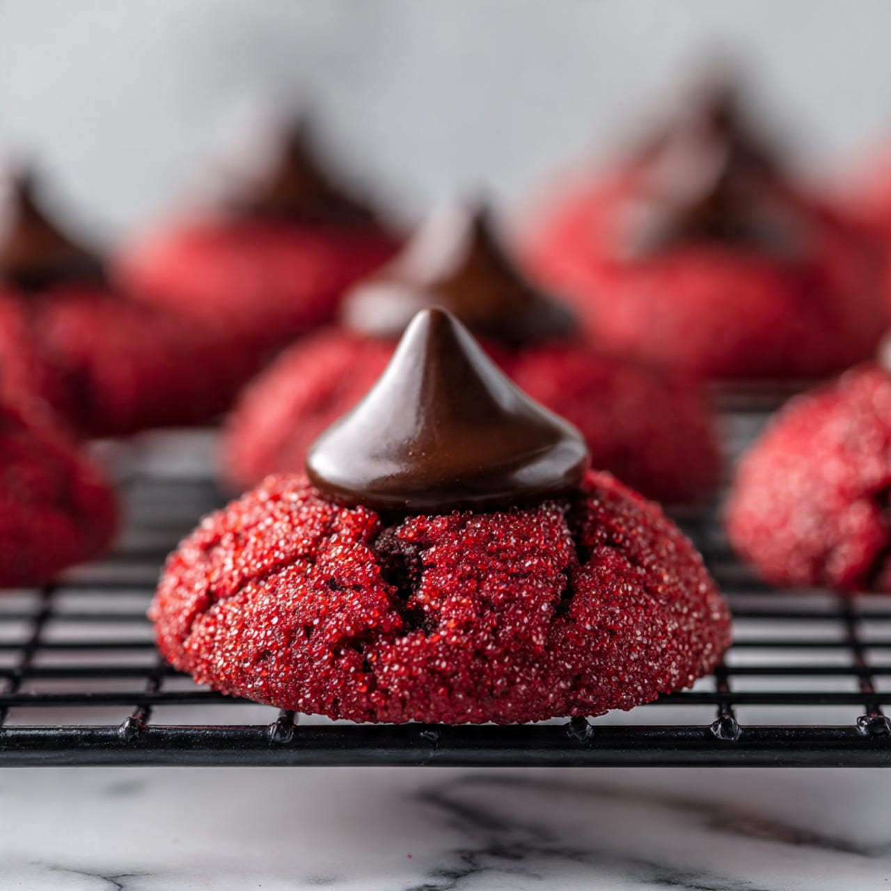 A close-up of many red cookies with a rough sugar-coated texture, each topped with a smooth dark chocolate piece shaped like a small cone in the center. The cookies lie layered closely on a wooden board, with some wrapped foil chocolate hearts in purple, red, green, and silver colors scattered among them. The rich red color of the cookies contrasts with the dark chocolate centers and the shiny foil hearts, all on a rustic brown wooden surface. photo taken with an iphone --ar 4:5 --v 7