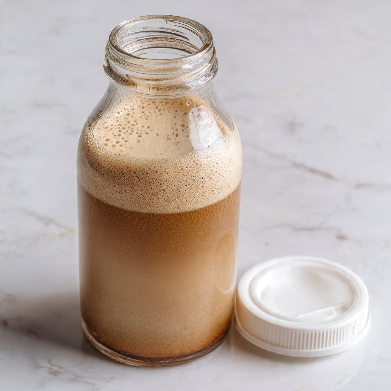 A clear glass mug filled with a light brown coffee drink, showing a layer of darker coffee being poured from a small clear glass container into the lighter coffee. The surface of the coffee shows swirling foam patterns in dark and light brown shades. The mug is set on a white marbled surface with a beige textured cloth nearby and a white container blurred in the background. photo taken with an iphone --ar 4:5 --v 7