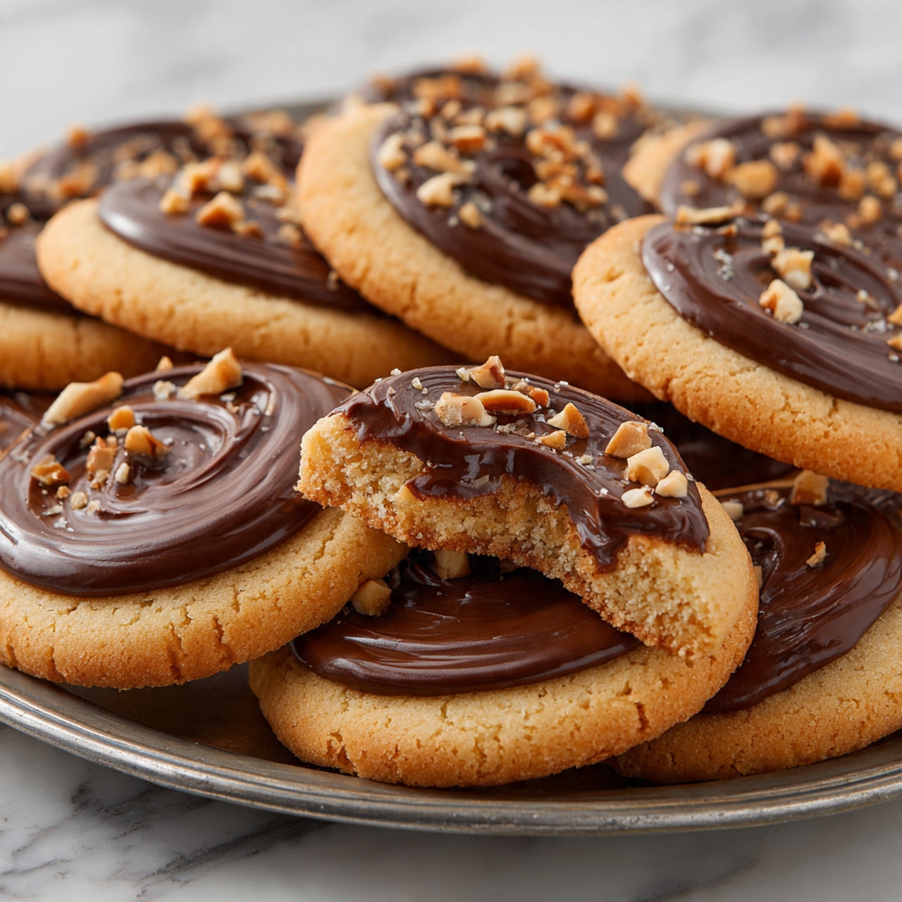 A round, light brown cookie base forms the first layer with a soft and slightly crumbly texture, topped with a thick, smooth layer of dark chocolate frosting that is swirled in a circular pattern. On top of the chocolate, small pieces of chopped nuts are scattered, adding a crunchy texture and a pale tan color contrast. The cookies are arranged on a round white plate with a slightly rustic look. One cookie is partially bitten, showing the dense, moist inside of the cookie and the rich chocolate spread on top. The setting includes a white marbled surface with a folded gray and white checked cloth napkin nearby. photo taken with an iphone --ar 4:5 --v 7