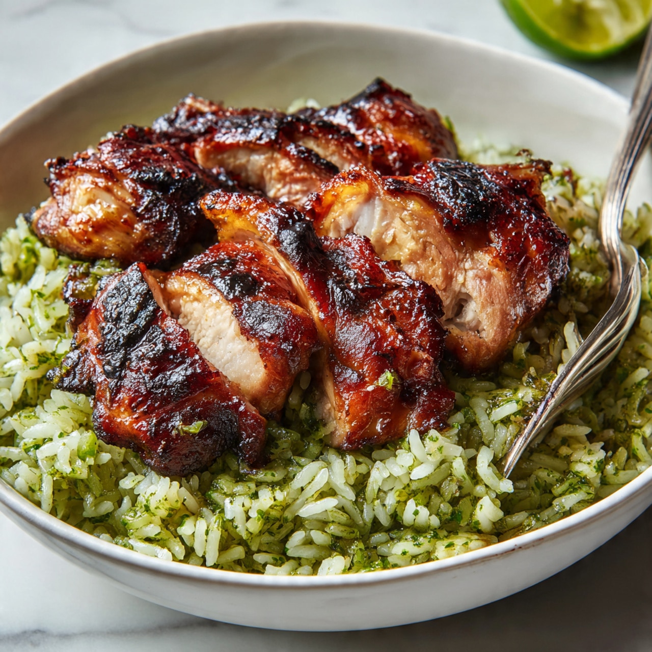 A white bowl filled with two main layers: the bottom layer is green herb rice with visible small herb pieces giving a fresh texture, and the top layer has pieces of grilled chicken with a shiny, brown glazed surface showing charred marks. Lime wedges are placed on one side of the bowl, adding a bright green color, and fresh cilantro leaves are scattered on the rice and chicken. A spoon rests on the left side of the bowl, which sits on a white marbled surface. photo taken with an iphone --ar 4:5 --v 7