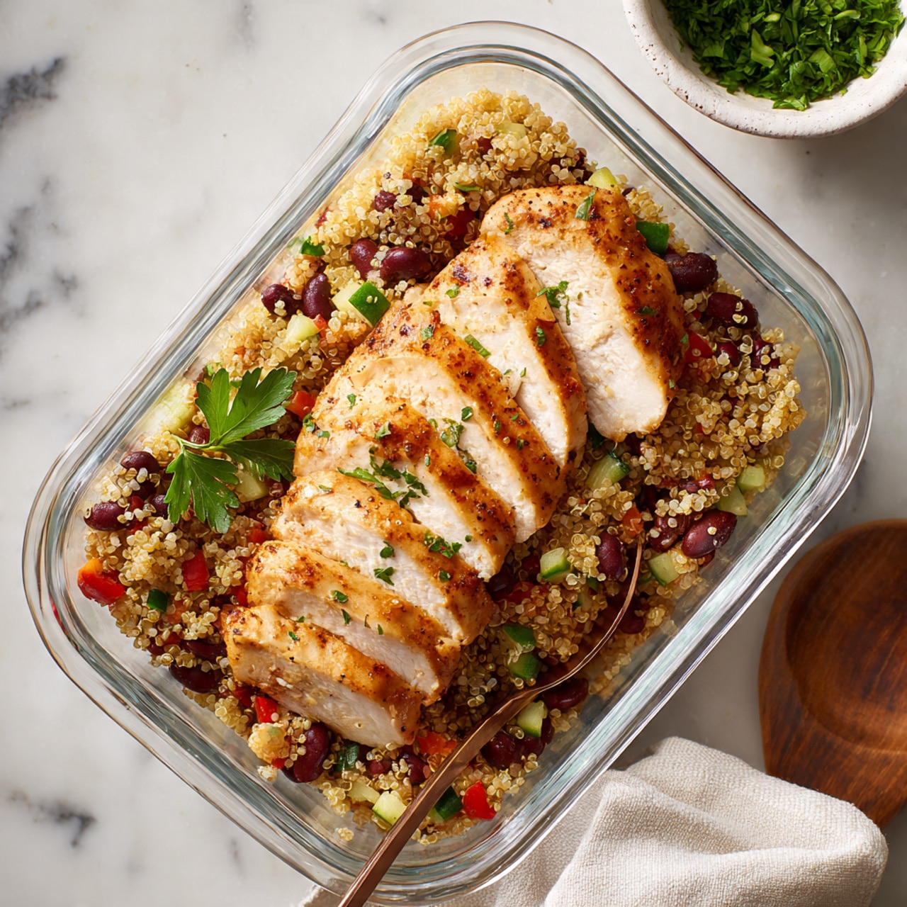 A white oval plate holds a colorful quinoa salad mixed with small diced red bell peppers, finely chopped cucumbers, bits of red onion, black beans, and some green herbs, creating a bright, textured base. On top, there are eight slices of cooked chicken arranged in two rows, each slice golden brown on the outside and white inside, garnished with small green herbs. The plate sits on a white marbled surface with a small white bowl filled with coarse salt and a gold spoon, a small white dish with chopped green herbs, and two metallic forks—one gold and one rose gold—to the side. A beige striped cloth is partially visible beneath the plate. Photo taken with an iphone --ar 4:5 --v 7