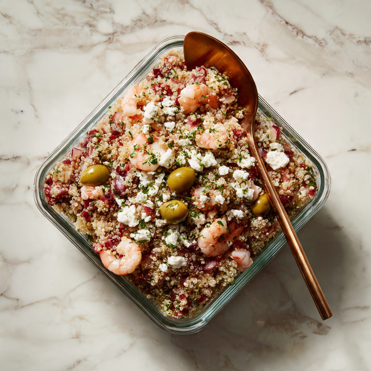 Shrimp Quinoa Salad Recipe 5 A white round plate holds a single layer of raw shrimp arranged in a loose circle with some overlapping, showing their pale grey and translucent shells and curved shapes. In the next image, the same plate of shrimp is sprinkled evenly with black pepper, its small dark specks contrasting against the light shrimp shells. Both plates are placed on a white marbled surface, creating a clean and simple look. photo taken with an iphone --ar 4:5 --v 7