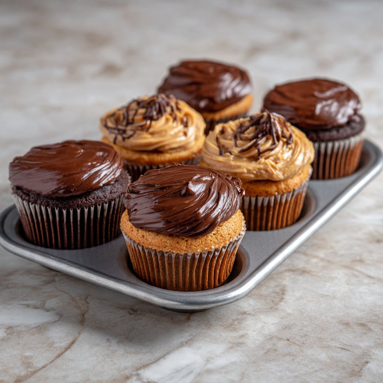 The image shows several small chocolate cups arranged on a white plate, placed on a white marbled surface. In the foreground, one chocolate cup is split in half, exposing two main layers: a thick, creamy light brown peanut butter layer inside, and a dark brown smooth chocolate outer shell that fully covers the peanut butter. Behind these, there are whole chocolate cups with the same shiny dark chocolate top and sides, clearly showing two distinct layers when viewed closely. The chocolates have a soft and rich texture, with clean edges and a slight gloss on the surface. Photo taken with an iphone --ar 4:5 --v 7