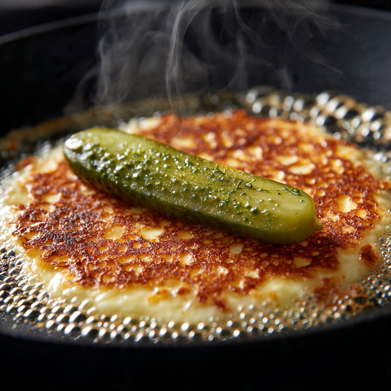 A white round plate holds four small, golden brown fried rolls arranged around a clear glass bowl filled with a creamy light green dipping sauce with small dark green flecks. Each roll has a crunchy, textured outer layer and is cut to show a thick slice of green cucumber inside, with the cucumber ends sticking out slightly. The plate is set on a white marbled surface with subtle gray veins. photo taken with an iphone --ar 4:5 --v 7