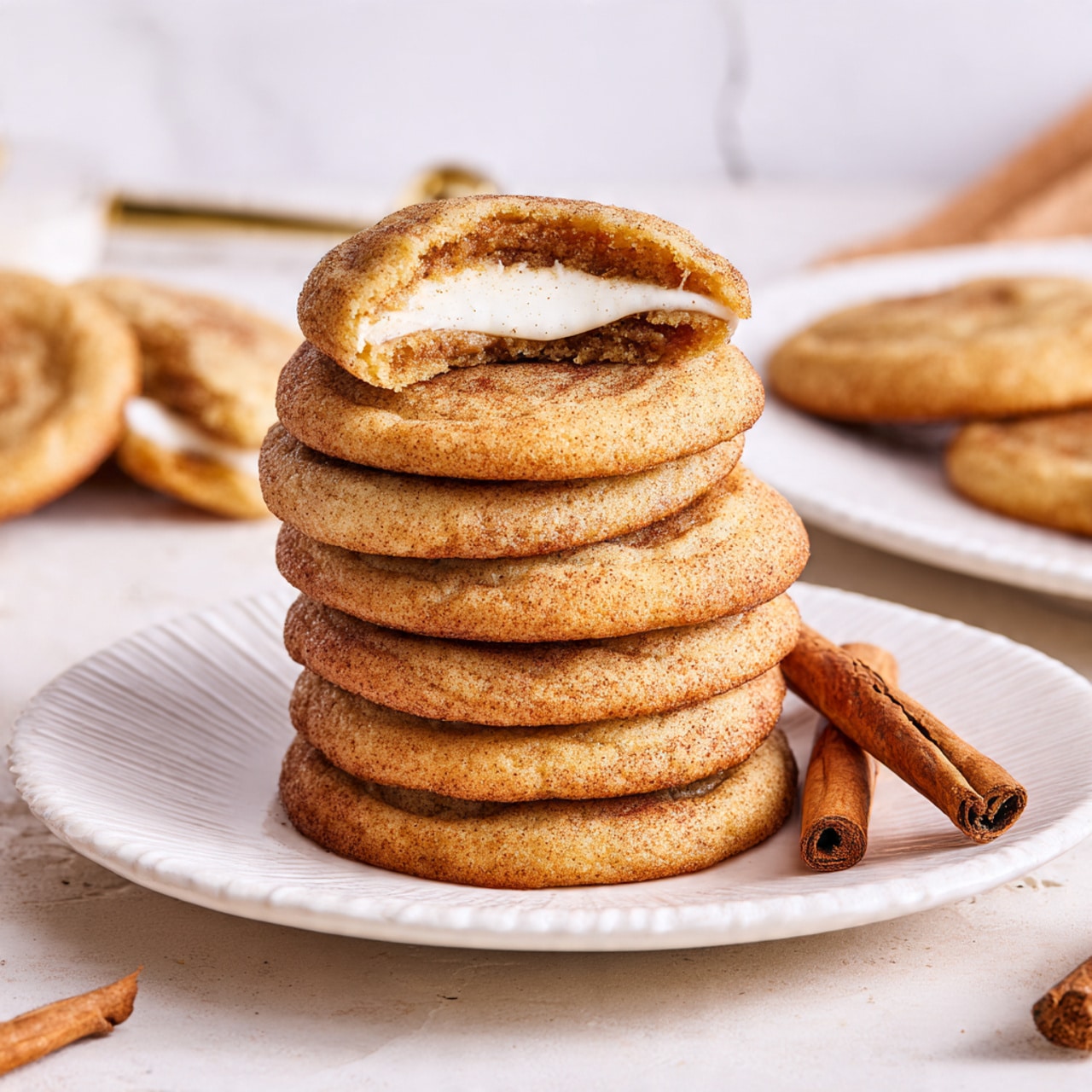 A stack of eight soft, thick cookies with a light brown color and a slightly wrinkled texture sits in the center of a white plate with subtle ridges. The top cookie is broken in half, showing a soft and creamy white filling inside that contrasts with the darker brown cookie dough. Two cinnamon sticks lie on the right side of the plate, adding a warm touch. The background has a white marbled texture with blurred baking tools and more cookies in soft focus. The scene looks warm and inviting with soft light highlighting the textures of the cookies and filling. Photo taken with an iphone --ar 4:5 --v 7