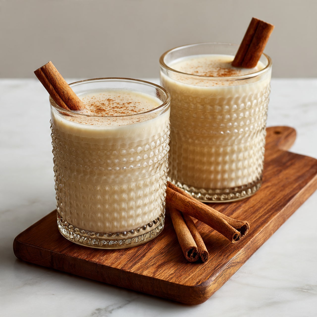 The image shows a clear glass jar filled with a light beige creamy drink, tied with a natural twine bow around the neck. The jar sits on a white marbled surface with a blurred background that includes more jars filled with the same drink, several cinnamon sticks laying nearby, and a few shiny red Christmas ornaments scattered around for a festive touch. The texture of the drink looks smooth and thick inside the jar. photo taken with an iphone --ar 4:5 --v 7