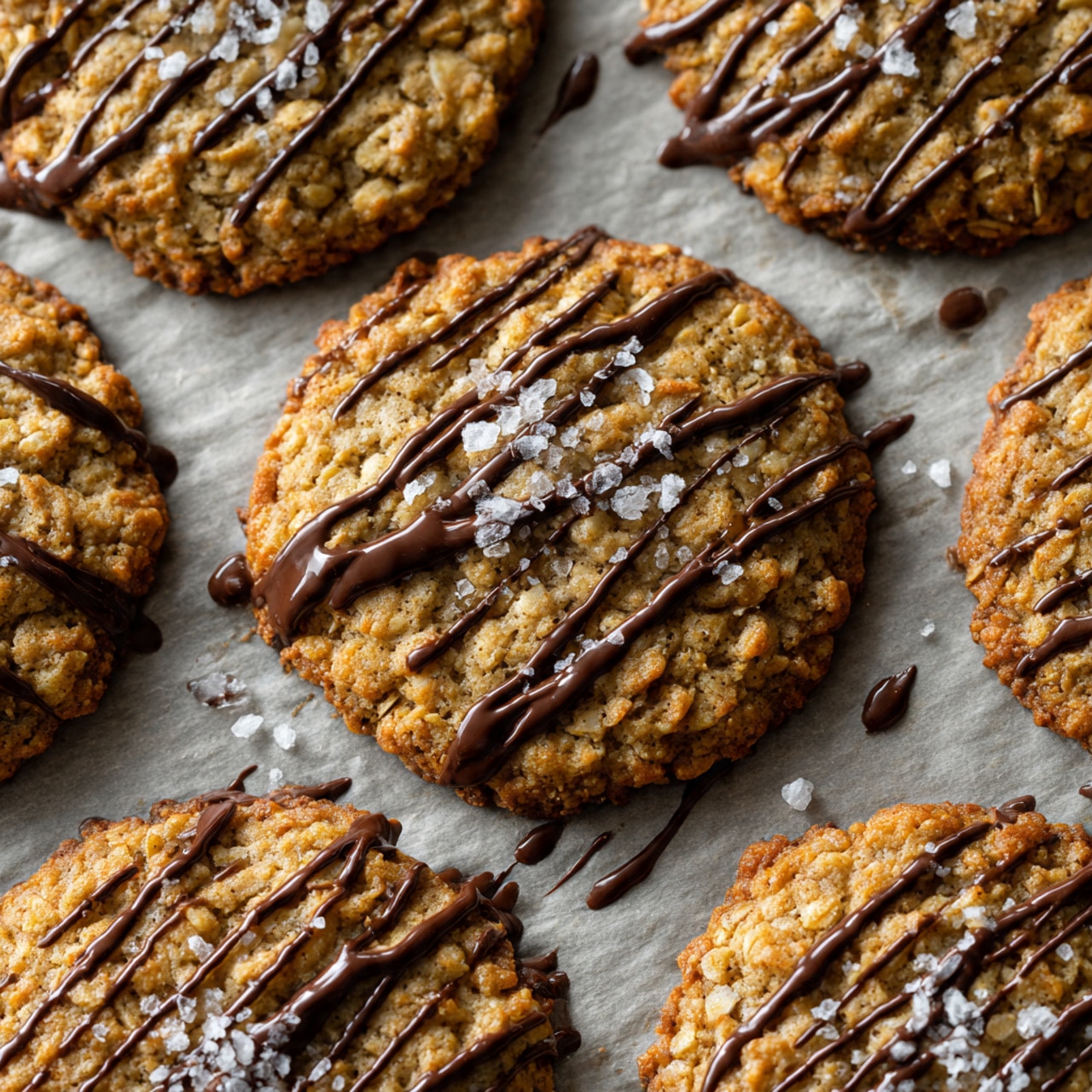 A batch of light golden-brown oatmeal cookies is spread out on a baking paper. Each cookie is round with a rough texture made of oats, and they are drizzled with dark, glossy chocolate in thin, uneven lines across their tops. Small white flakes of sea salt are scattered on the cookies and the paper, adding a slight contrast. The background is a white marbled texture, showing some scattered drops of melted chocolate around the cookies. photo taken with an iphone --ar 4:5 --v 7