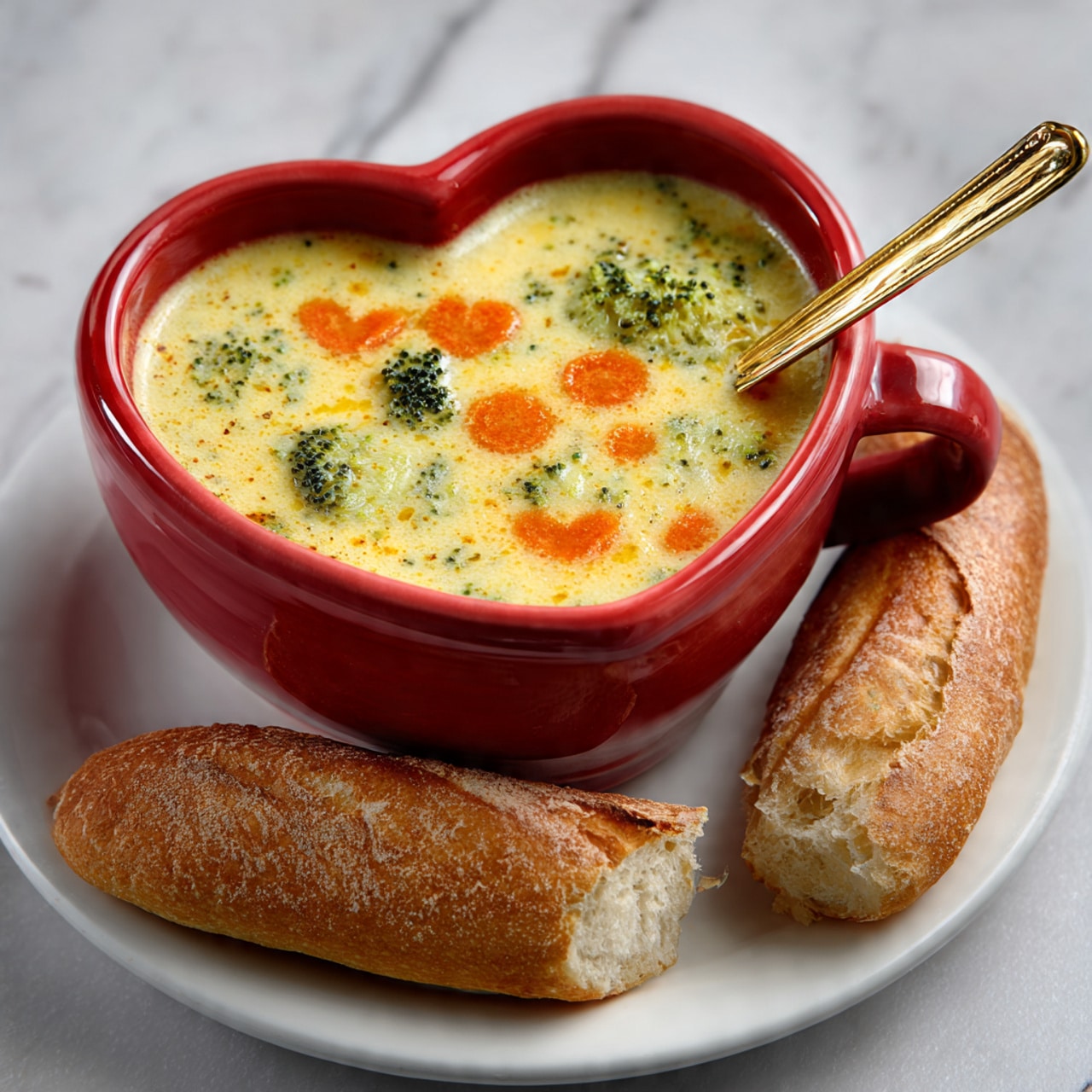 A close-up view of a creamy soup filled with small chunks of broccoli and thin orange carrot pieces, held on a wooden spoon above a grey speckled pot. The soup looks thick and smooth with a pale yellow color as the base, dotted with green broccoli florets and scattered shredded carrots that add a pop of color. The pot sits on a white marbled surface with gentle lighting highlighting the texture of the soup and the wood grain of the spoon. photo taken with an iphone --ar 4:5 --v 7