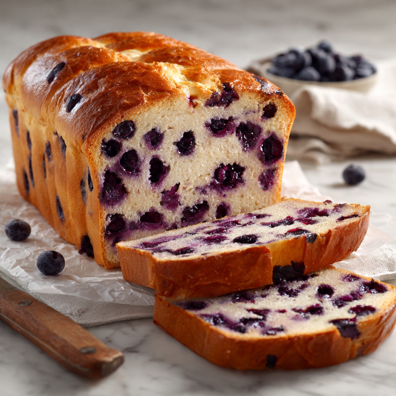 A loaf of golden brown bread with a slightly cracked top rests on white parchment paper on a white marbled surface. The bread is sliced to show its light beige inside filled with many dark purple blueberries evenly spread throughout. Two slices lie in front of the loaf, revealing the moist texture and the abundance of blueberries inside. To the right of the bread is a knife with a wooden handle lying flat. Photo taken with an iphone --ar 4:5 --v 7