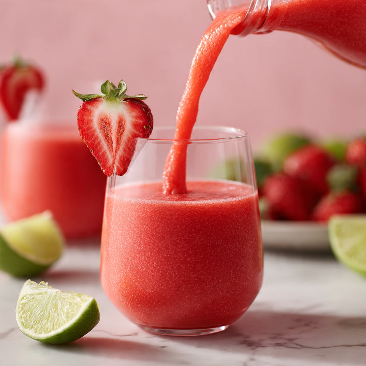 A clear glass is being filled with a thick, bright red strawberry smoothie that has a slightly textured, frothy surface. The smoothie forms a small peak as it is poured into the glass, which has a half strawberry garnish on its rim showing the inside fleshy red color with seeds. The glass sits on a white marbled surface, with another glass of the same smoothie visible blurred in the background to the left. To the right, out of focus, there are fresh strawberries and halved limes on a plate. In the foreground, there is a lime wedge lying on the surface. The pink background adds a soft and fresh feeling to the scene. photo taken with an iphone --ar 4:5 --v 7