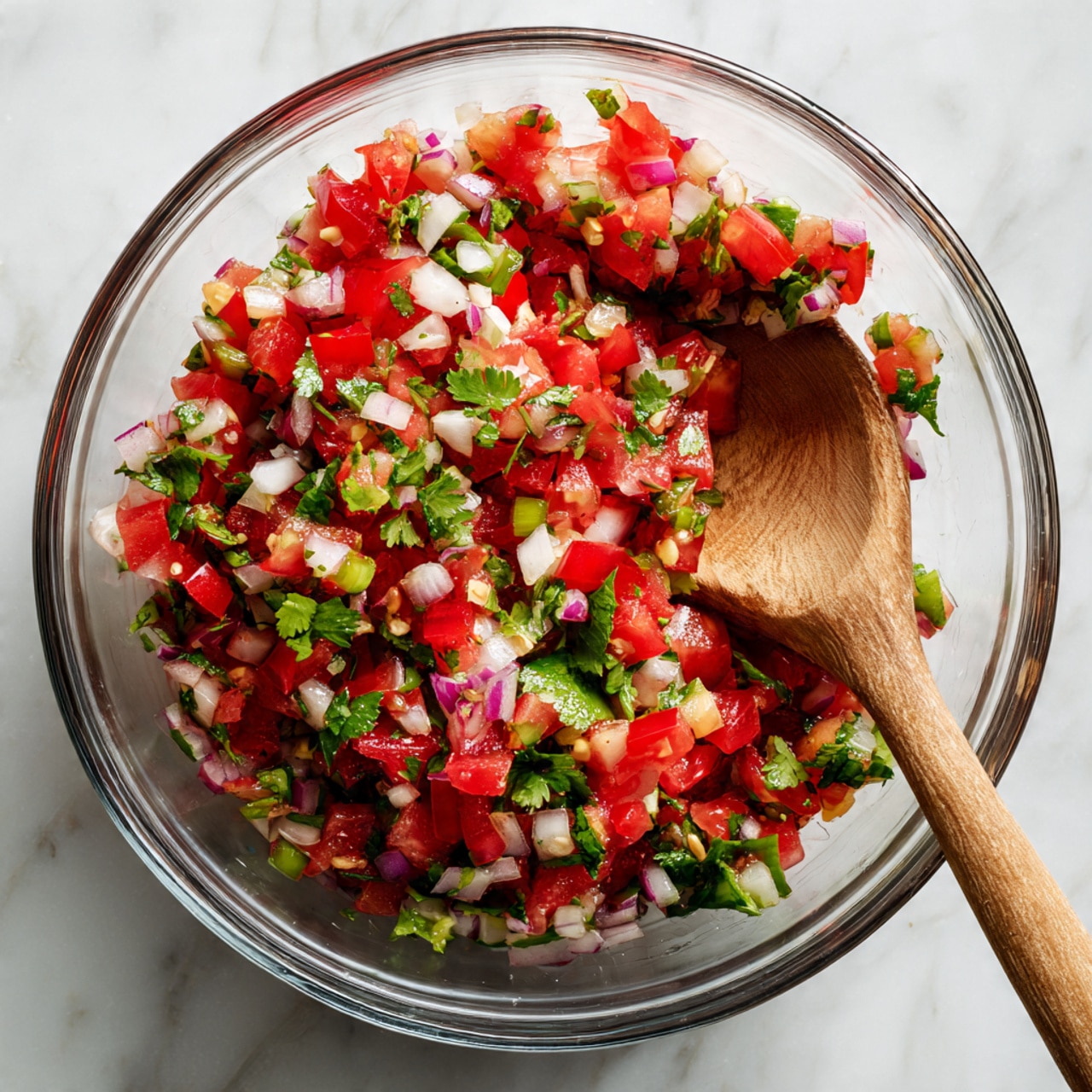 A white bowl filled with fresh pico de gallo, showing bright red diced tomatoes, small white onion pieces, and chopped green jalapeño peppers mixed with green cilantro leaves. A single triangular chip is placed on the right side inside the bowl, slightly leaning outward. The bowl sits on a wooden surface with blurred fresh cilantro visible at the bottom of the image. The background surface is white marbled texture. Photo taken with an iphone --ar 4:5 --v 7