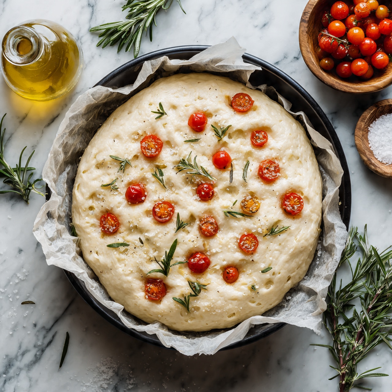 The image shows a round focaccia bread divided into four slices, sitting on crumpled parchment paper. The focaccia has a golden brown crust with a slightly uneven, bubbly texture. On top, small red cherry tomato halves and small sprigs of green rosemary are scattered evenly, adding color and texture contrast. The tomato pieces look soft and slightly roasted, while the rosemary is fresh and bright. In the background, there is a white bowl containing whole cherry tomatoes with a sprig of rosemary resting on top, all placed on a white marbled surface. photo taken with an iphone --ar 4:5 --v 7