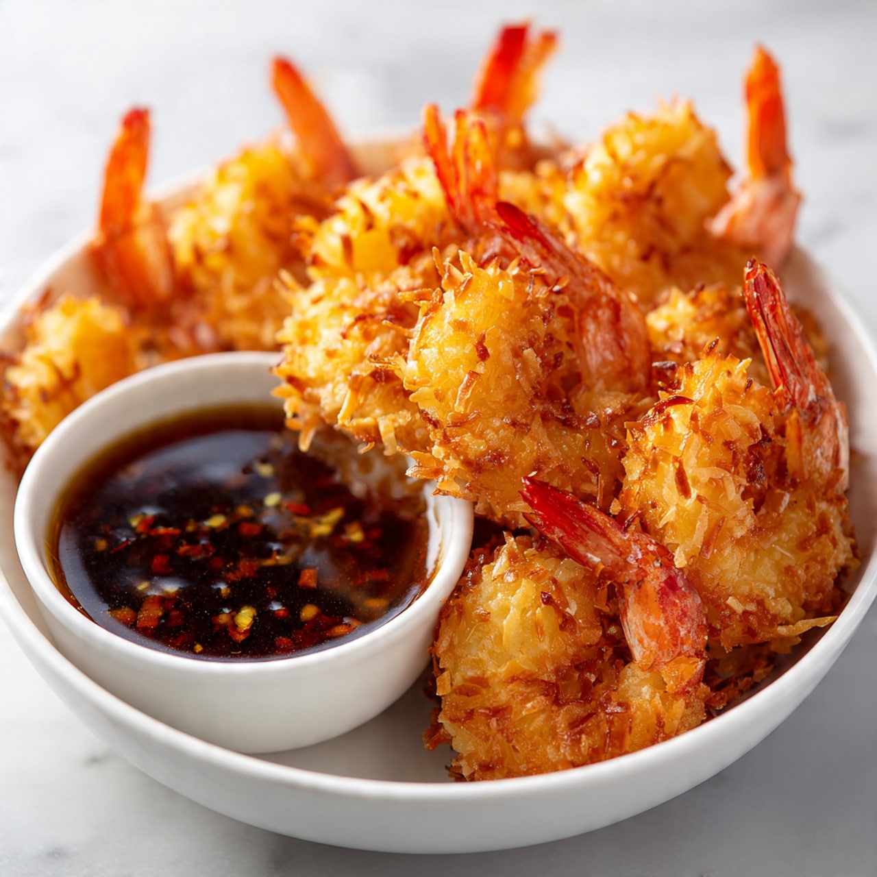 A white bowl filled with two layers of golden shrimp coated in toasted coconut flakes, with bright orange shrimp tails sticking out. On the right side, there is a small white bowl filled with dark brown dipping sauce with visible chili flakes. The toasted coconut creates a rough, crunchy texture on the shrimp, contrasting with the smooth, shiny sauce. The whole scene is placed on a white marbled surface. photo taken with an iphone --ar 4:5 --v 7