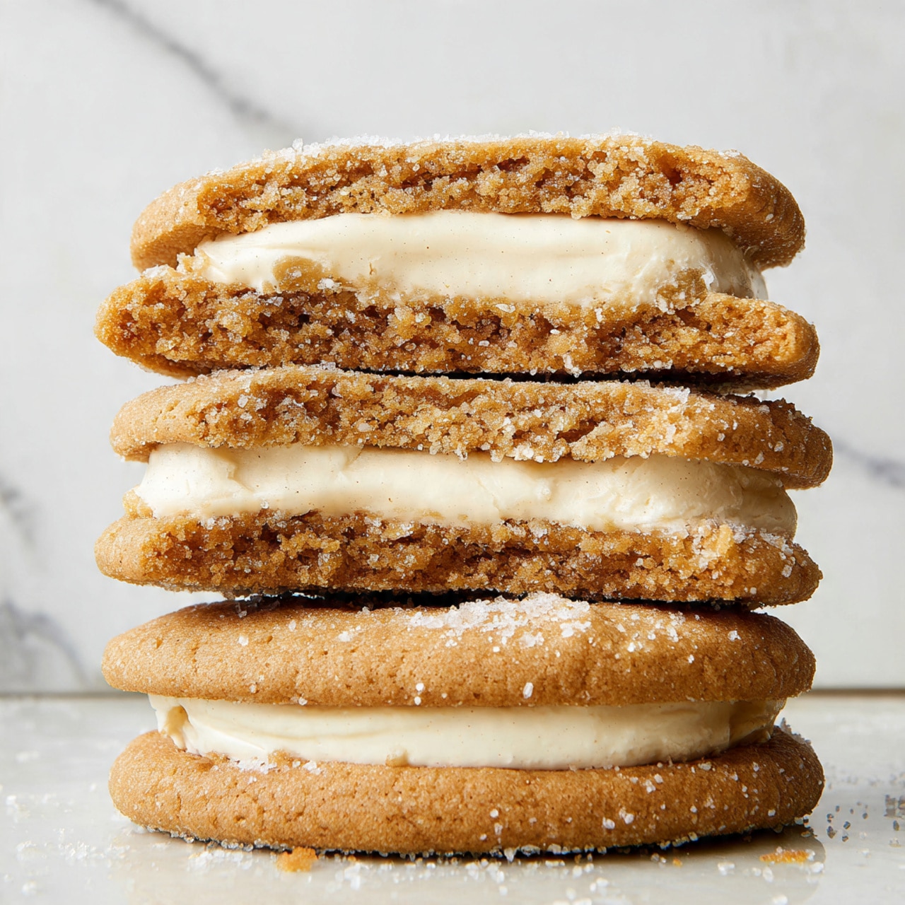 A dozen round, golden-brown cookies with a slightly cracked and uneven surface are stacked closely on a parchment-lined baking tray placed on a cooling rack. The cookies have a warm, toasted color with hints of cinnamon tone. In the top right corner of the tray, a small round wooden bowl filled with light brown cinnamon sugar mix is nestled gently among the cookies. Around the tray on a white marbled surface, there are two small white bowls with terracotta rims—one filled with cinnamon powder and the other with coarse white salt—along with three cinnamon sticks positioned in the top left corner. Photo taken with an iphone --ar 4:5 --v 7