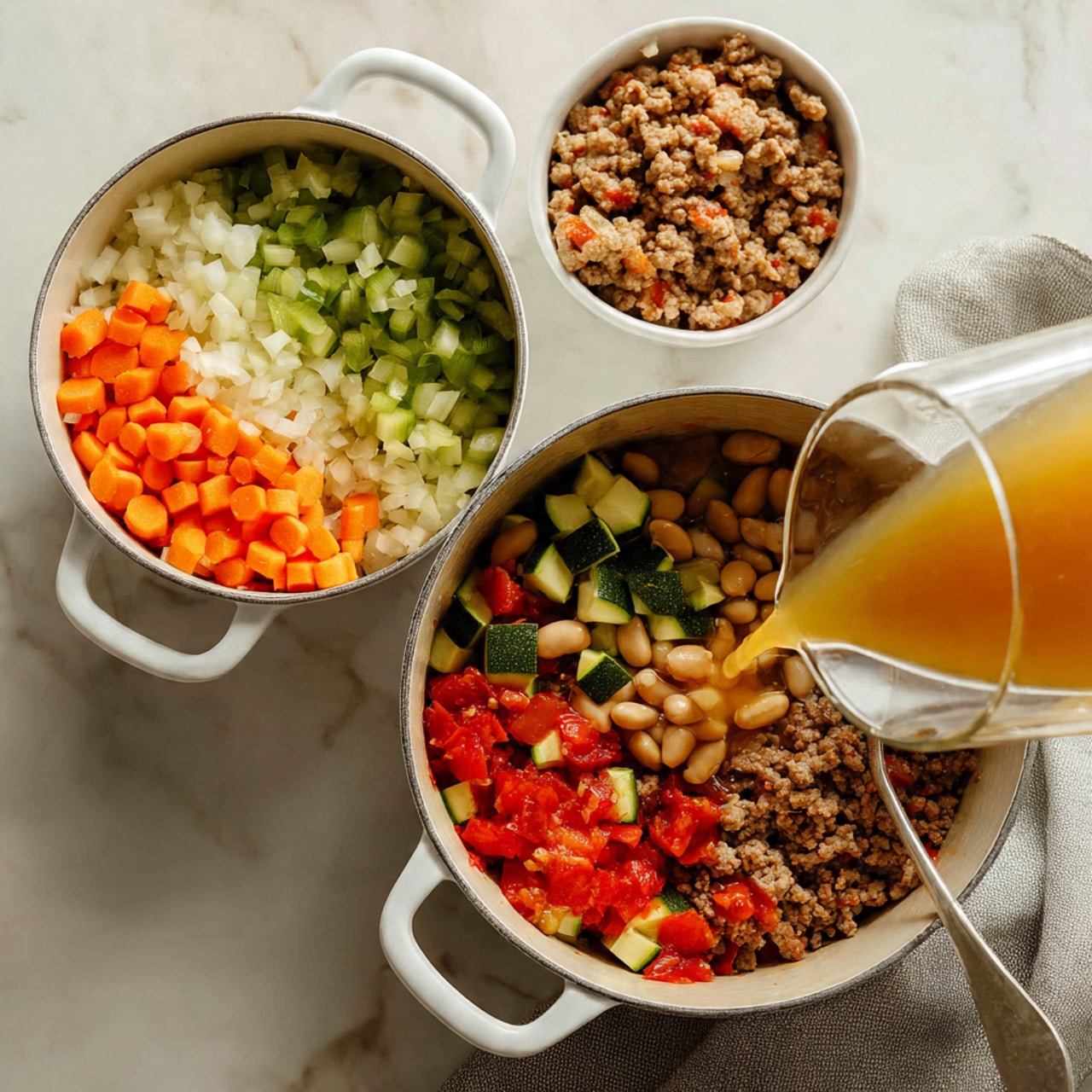 The image shows two white pots with food inside, placed on a white marbled surface with a gray cloth nearby. In the left pot, there are three layers: the base layer is a mix of small diced orange carrots, green celery, and red bell peppers; above that is a generous amount of chopped white garlic; and the top layer consists of cubed green zucchini pieces. Above this pot, there is a white bowl containing cooked brown ground meat. In the right pot, there are five visible layers: the bottom layer is brown ground meat, followed by bright red crushed tomatoes, white beans, small green zucchini cubes, and part of the pot is being filled with light golden broth poured from a glass container. A spoon is partially dipped into the food on the right side of this pot. Both pots have wide handles and smooth white interiors. photo taken with an iphone --ar 4:5 --v 7