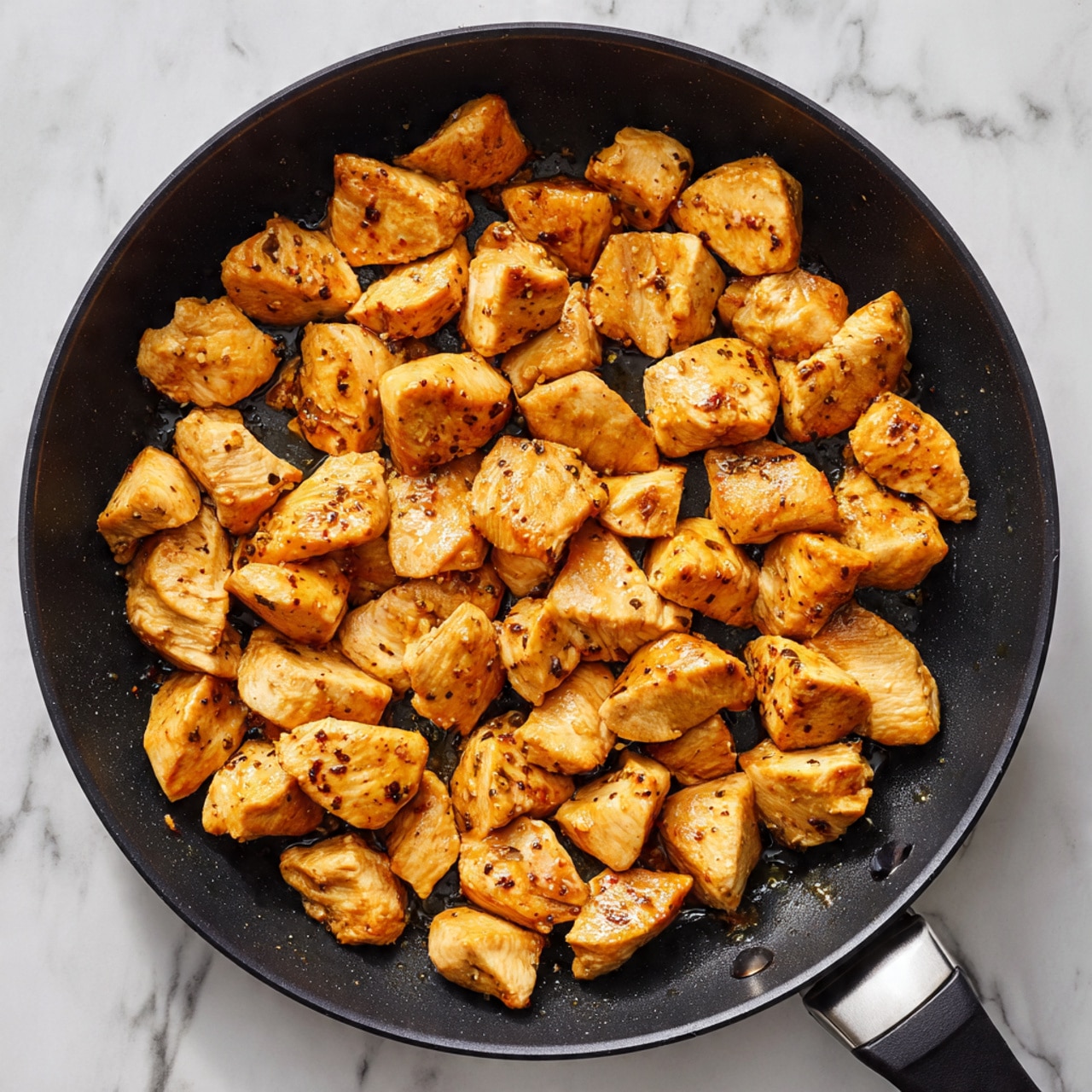 A black skillet filled with small pieces of cooked chicken, golden brown and showing a slight crispy texture on the edges, arranged evenly inside the pan. The skillet has a short handle and a small helper handle on the sides. It is placed on a white marbled surface, creating a clean and bright background. The chicken pieces vary in size but all have a nicely cooked, warm color. photo taken with an iphone --ar 4:5 --v 7