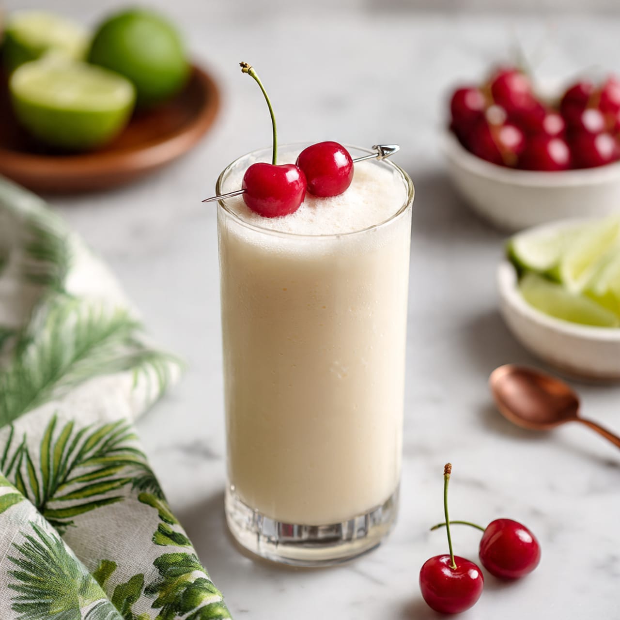 The image shows a tall, clear glass filled with a creamy, light beige drink that looks cold and smooth. On top of the drink, there are two bright red cherries skewered on a small silver stick, resting horizontally across the rim of the glass. The glass is placed on a white marbled surface with a green and white leaf-patterned cloth to the left side. In the blurred background, there are small white bowls holding lime halves and more red cherries, along with a copper spoon lying flat on the surface. The overall setting feels fresh and bright. photo taken with an iphone --ar 4:5 --v 7