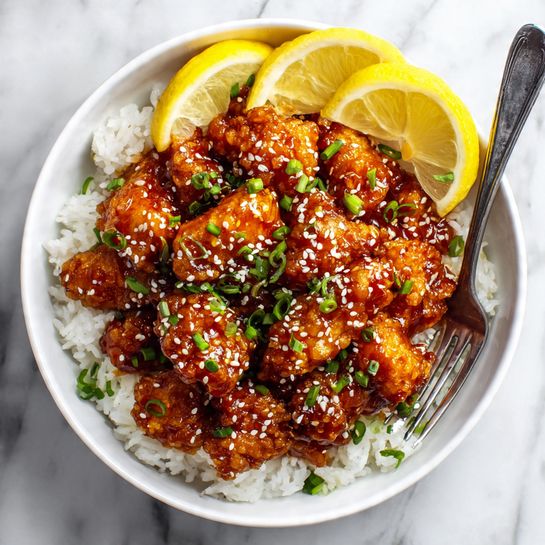A white bowl filled with a base layer of white rice, topped with many pieces of crispy orange glazed chicken chunks. The chicken is shiny with sauce and sprinkled with white sesame seeds and chopped green onions. Two lemon wedges are placed on one side of the bowl. A silver fork holding one piece of chicken is visible on the right side, ready to pick up the food. The entire scene is set on a white marbled surface. photo taken with an iphone --ar 4:5 --v 7
