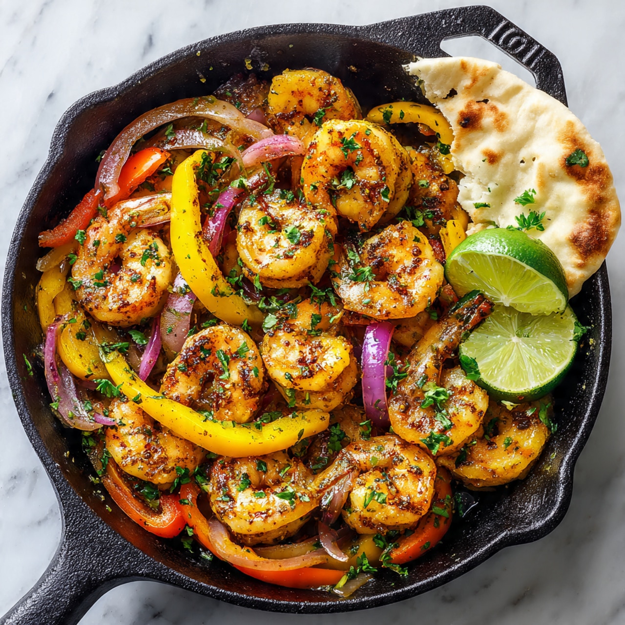 A black cast iron skillet filled with cooked shrimp mixed with yellow and red bell pepper slices and translucent purple onion pieces. The shrimp are golden-brown and slightly charred, with visible seasoning and chopped green herbs scattered on top. Two lime halves, bright green and juicy, sit on the side of the skillet with a torn piece of flatbread partially visible under one lime. The background is a white marbled texture. Photo taken with an iphone --ar 4:5 --v 7