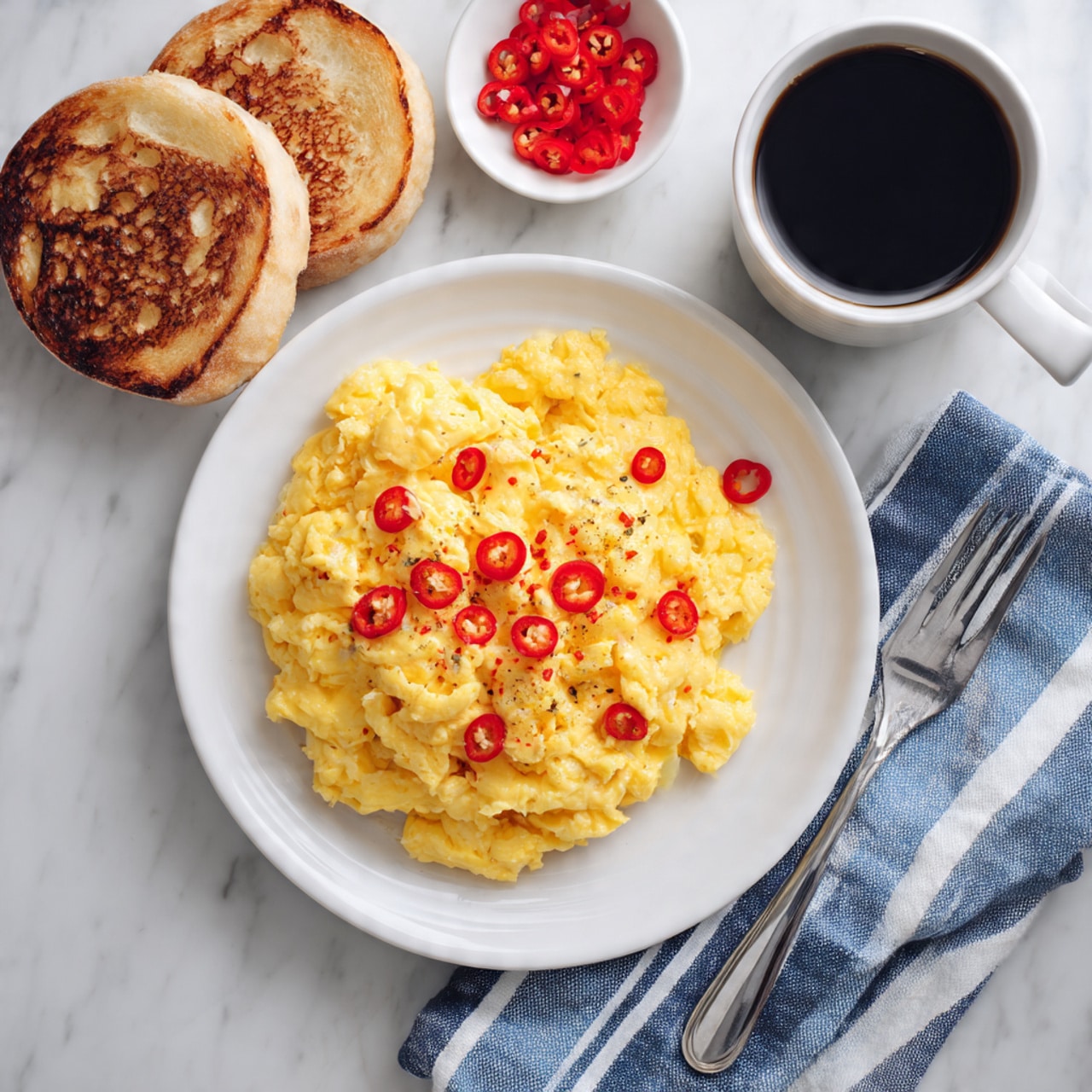 A white plate holds a serving of soft, yellow scrambled eggs with a slightly creamy texture, topped with several round slices of red chili pepper that add a bright contrast. The plate is placed on a blue and white striped cloth which rests on a white marbled surface. To the left, some pieces of toasted brown bread are partially visible, and a white cup with a dark beverage sits near the top left corner. A silver fork is placed to the right side of the plate. photo taken with an iphone --ar 4:5 --v 7