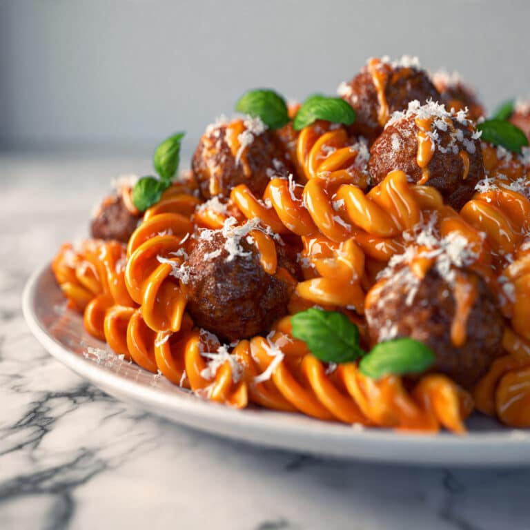 Creamy Tomato & Onion Pasta (Pink Sauce) with Meatballs Recipe