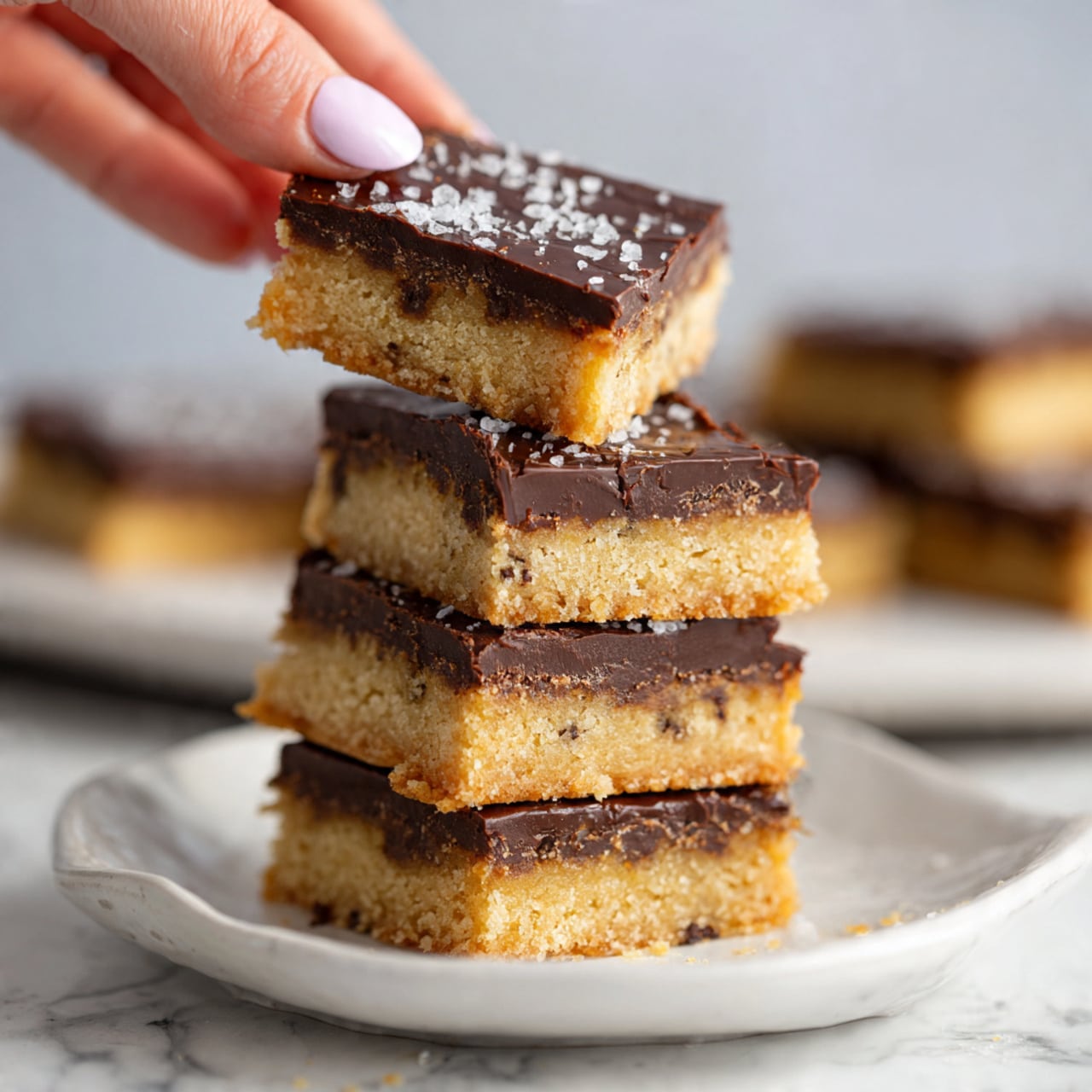 The image shows many pieces of toffee bark scattered on crumpled white paper over a white marbled surface. Each piece has two layers: a base layer of light brown toffee with tiny dark chocolate bits embedded, showing a rough, bubbly texture, and a top thin, smooth dark chocolate layer that covers about half the surface area on some pieces and fully covers others. The chocolate layer has a glossy finish and is sprinkled with coarse salt crystals, which add a shiny, grainy contrast. The pieces vary in size and shape, with some broken edges showing the toffee's airy, porous inside. photo taken with an iphone --ar 4:5 --v 7