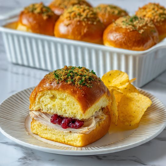 The image shows a close-up of a small sandwich slider on a white plate with some potato chips in the background. The slider has four visible layers: the top is a soft, shiny golden-brown bun sprinkled with herbs and crumbs; below that is a layer of thin white cheese; then a layer of bright red cranberry sauce with a jelly-like texture; next, a thick layer of chopped light-colored turkey meat; and at the bottom, a crumbly, textured stuffing with bits of herbs and cranberry visible. The plate is stacked on two other white plates, all on a white marbled surface. Photo taken with an iphone --ar 4:5 --v 7