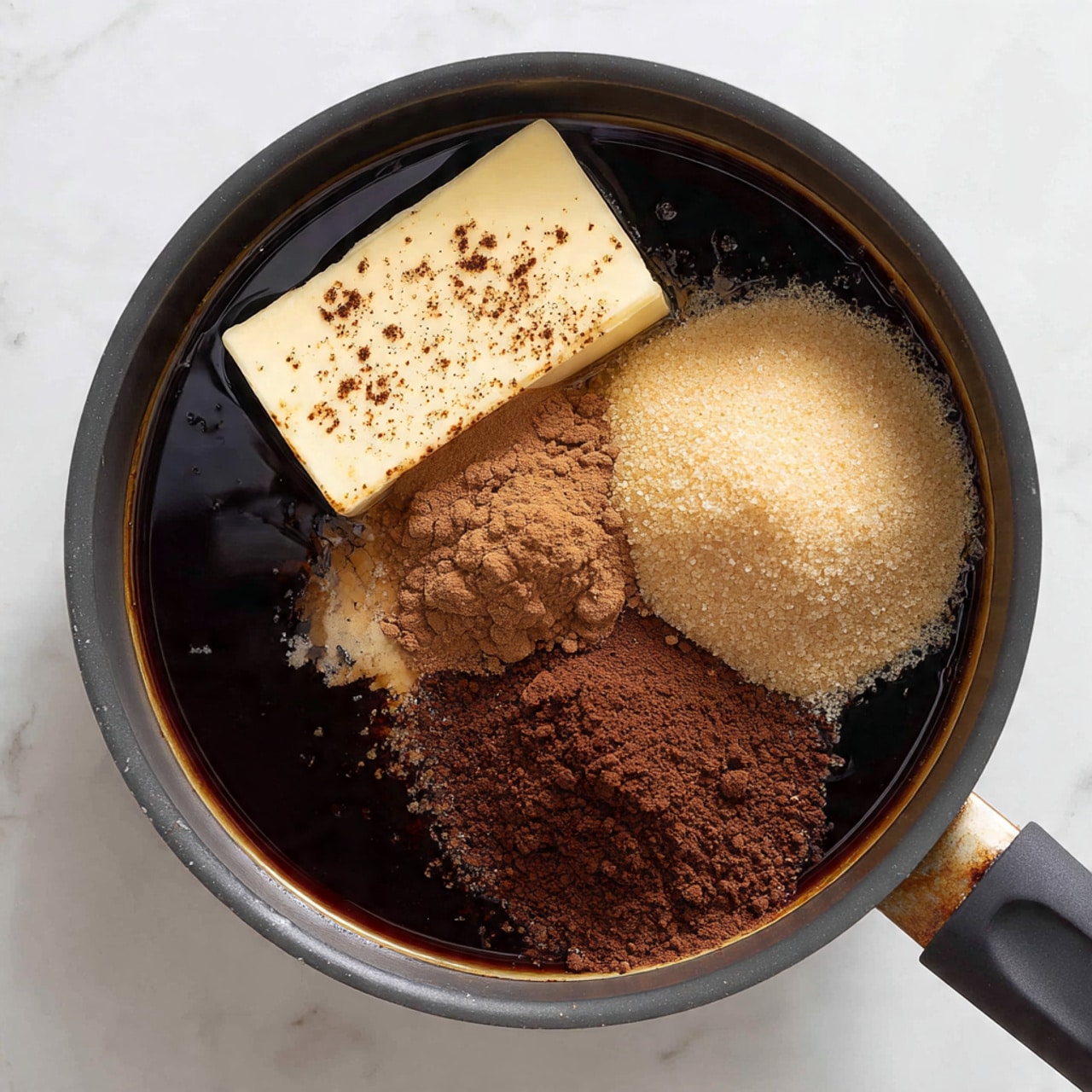 A top view of a black saucepan filled with layers of ingredients before mixing. The bottom layer is a dark shiny liquid, likely syrup or molasses, holding everything together. On one side, there is a block of light yellow butter with some sprinkled dark brown powder on top. Next to the butter, a mound of light brown sugar with a soft, grainy texture sits beside a pile of fine dark brown cocoa powder. The saucepan is on a white marbled surface, showing some water droplets around it photo taken with an iphone --ar 4:5 --v 7