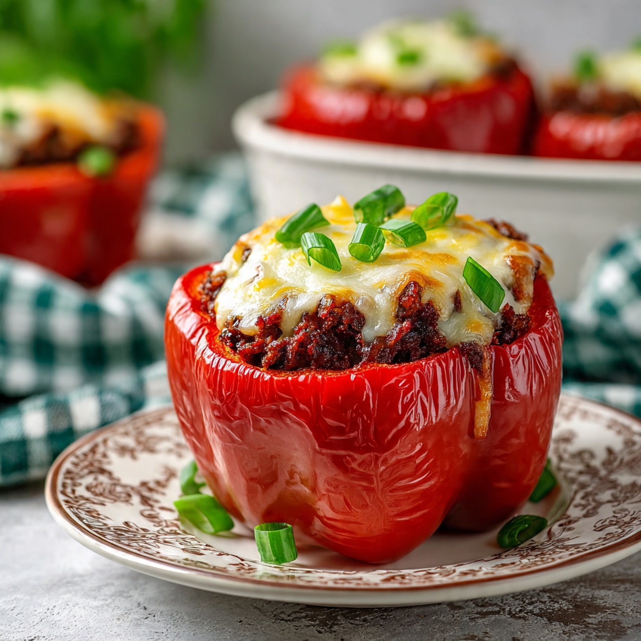 There is a white baking dish filled with four bright red bell peppers standing upright. Each pepper is stuffed with a brown filling that looks crumbly and textured, and on top of the filling is a thick, smooth, round slice of white cheese. The baking dish sits on a white marbled surface with a green and white checkered cloth partly visible underneath. The overall look is fresh and colorful, showing the layers of red pepper, brown filling, and white cheese. photo taken with an iphone --ar 4:5 --v 7