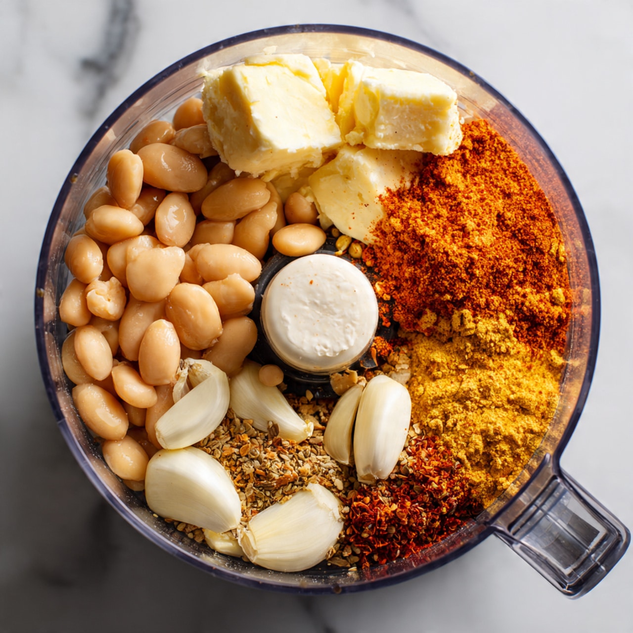 Inside a clear food processor bowl, there are several layers and sections of ingredients. On one side, there are pale beige beans, next to three whole garlic cloves. Another section has small chunks of off-white butter, and nearby is a mix of bright orange and reddish spices, likely paprika and chili powder. Some yellowish seasoning is also visible. The food processor sits on a white marbled surface. Photo taken with an iphone --ar 4:5 --v 7
