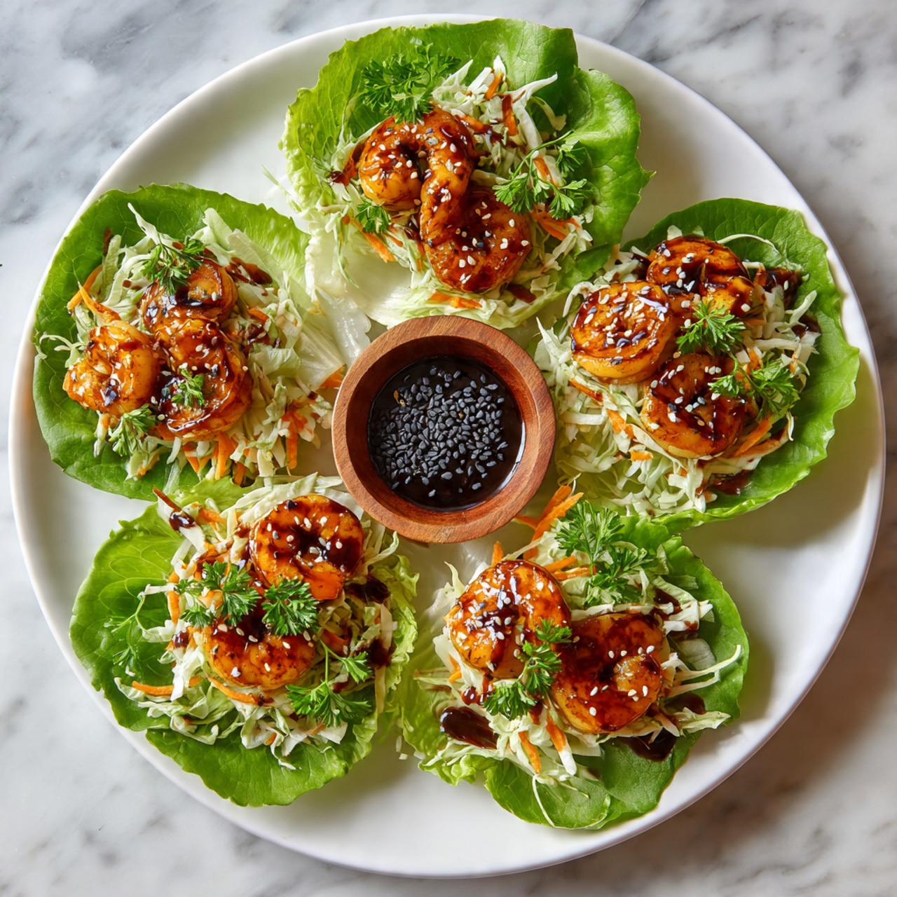 The image shows a white plate with five lettuce wraps arranged in a circle, each wrap made of a bright green leafy lettuce base. Inside each lettuce leaf, there are layers of shredded pale cabbage and thin orange carrot strips. On top, there are several orange-brown shrimp glazed with a shiny sauce, sprinkled with small black sesame seeds. Fresh green parsley leaves add color and texture on top of the shrimp. A small wooden bowl filled with black sesame seeds sits on the edge of the plate. The plate rests on a white marbled surface. photo taken with an iphone --ar 4:5 --v 7