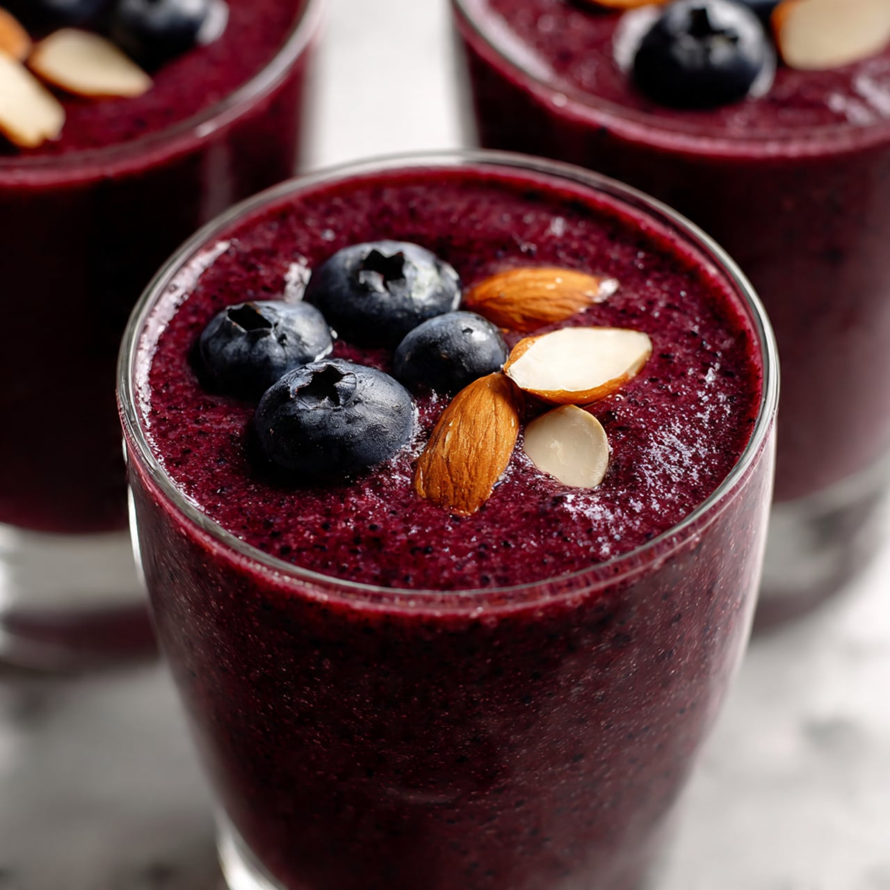 A close-up of a thick, deep purple smoothie poured into a clear glass, topped with three whole blueberries and a few thin, light brown almond slices scattered on top. The texture of the smoothie looks smooth with tiny specks throughout, and it fills the glass to the brim. The glass is set on a white marbled surface with a blurred white marbled background and parts of other similar glasses slightly visible. The image is bright and sharp, showing the rich color and creamy texture clearly. Photo taken with an iphone --ar 4:5 --v 7