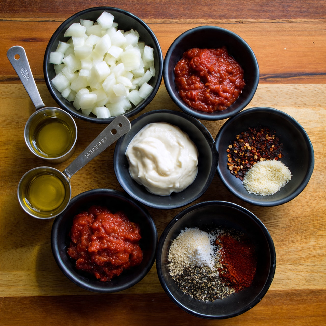 A top-down view of several small black bowls arranged on a wooden surface, each containing different cooking ingredients, including diced white onions, red tomato sauce, a dollop of white cream, minced garlic, a rich red paste, a mixture of salt, black pepper, and red chili flakes, along with two metal measuring cups holding clear olive oil and another liquid. The black bowls create a strong contrast against the warm wood tone. photo taken with an iphone --ar 4:5 --v 7