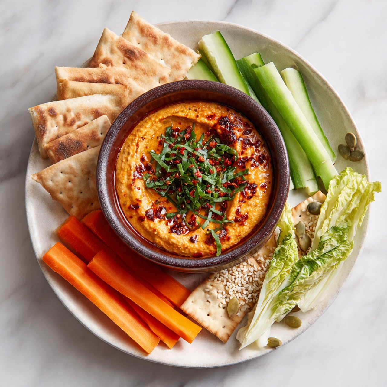 A round white plate on a white marbled surface holds a dark brown bowl filled with smooth orange-red dip, topped with green herbs and red spice flakes, placed at the center. Around the bowl, the plate is layered with light beige pita bread pieces stacked on the upper left, bright green cucumber spears to the upper right, triangular crackers sprinkled with white sesame and green pumpkin seeds on the bottom right, bright orange baby carrots in the bottom center, and pale green Belgian endive leaves fanned out on the bottom left. Photo taken with an iphone --ar 4:5 --v 7
