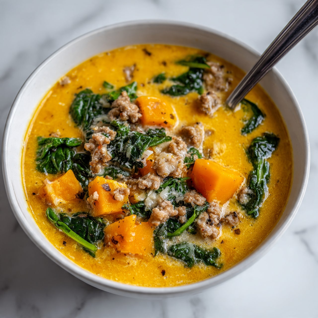 A white bowl filled with creamy soup showing four main layers: an orange broth base mixed with small bits of browned sausage, chunks of bright orange squash, dark green spinach leaves, and short rice-shaped pasta pieces unevenly scattered throughout. The soup is topped with a few sprigs of fresh green herbs and some shredded cheese sprinkled on top, with a silver spoon resting inside the bowl on the right edge. The bowl sits on a white marbled surface with some grated cheese and crushed red pepper flakes visible in the background photo taken with an iphone --ar 4:5 --v 7