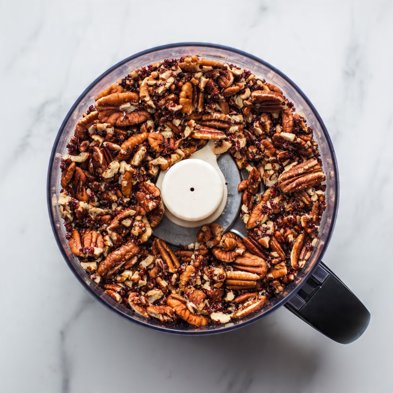 A clear food processor bowl filled with roughly chopped pecans showing a mix of dark brown and light chestnut colors, sitting on a white marbled surface. The pecans are spread out evenly in one layer inside the bowl. The bowl has a black handle on the right side, and the white blade attachment is visible in the center of the pecans. Photo taken with an iphone --ar 4:5 --v 7