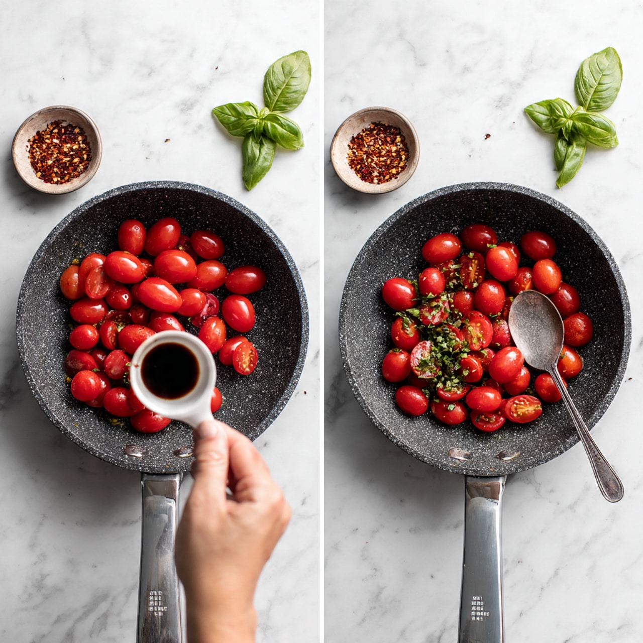 This image shows a gray stone pan filled with shiny, cooked cherry tomatoes that are bright red and look soft. There are small green basil leaves scattered on top of the tomatoes. The pan also has some thin slices of light brown garlic and a slight oily sauce pooling at the bottom with some darker seasoning spots. A silver spoon is placed partially inside the pan on the left side, and the background is a white marbled surface with some loose green basil leaves nearby. photo taken with an iphone --ar 4:5 --v 7