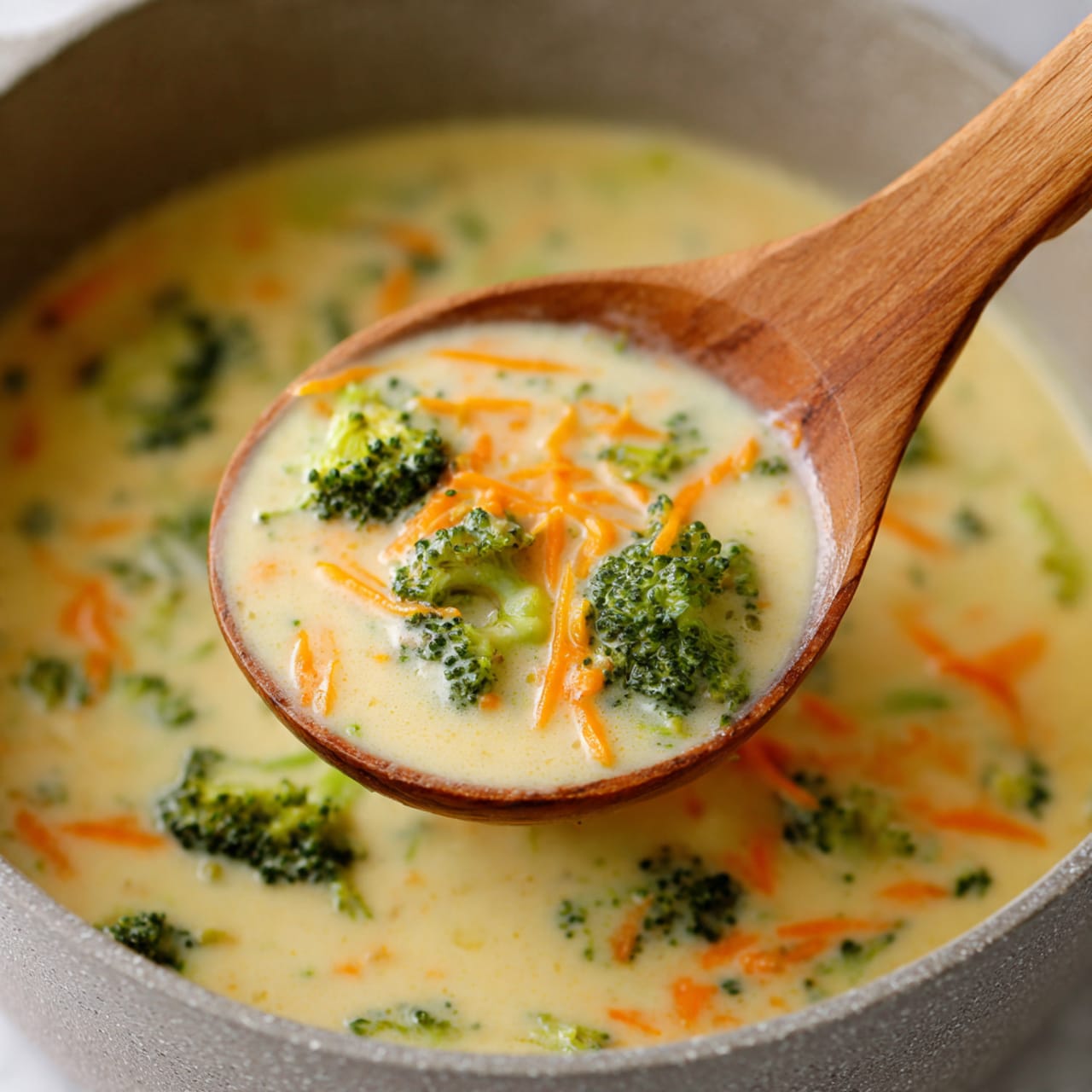 A red heart-shaped bowl filled with creamy soup that has three visible layers: a thick yellowish base, small green broccoli pieces, and thin orange carrot strips spread evenly in the soup. The bowl sits on a white plate next to a long, golden-brown baguette with a crusty texture. A golden spoon is inserted into the soup, and everything is placed on a white marbled surface. photo taken with an iphone --ar 4:5 --v 7