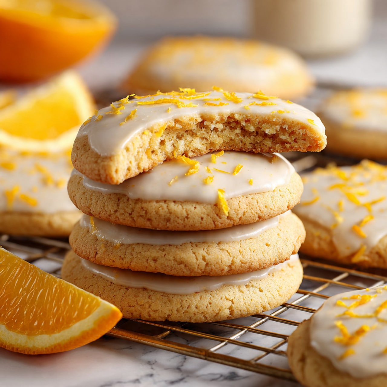 The image shows a batch of small round cookies with a light beige color as the base layer, each topped with a smooth, glossy white icing layer that covers the whole surface of the cookie. Orange zest pieces are lightly scattered on top of the icing, adding bright orange spots across the cookies. The cookies are arranged closely on a metal cooling rack with a grid pattern, with a few fresh orange slices placed around the edges, showing the bright orange fruit flesh and rind. The background is a white marbled texture. Photo taken with an iphone --ar 4:5 --v 7