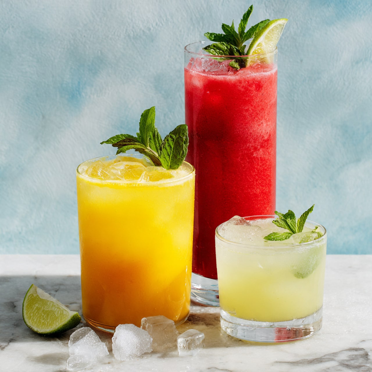 Three different cold drinks are shown on a white marbled surface with a light blue textured background. On the left, there is a tall clear glass filled with bright yellow-orange juice and ice, topped with a bright green mint sprig and a thin lime slice on the rim. In the middle, there is a tall, footed clear glass filled with a vibrant red drink and ice, also garnished with a green mint sprig and a lime slice on the rim. On the right, a short clear glass holds a pale yellow drink with ice, decorated similarly with a green mint sprig and a lime slice on the rim. Some ice cubes are scattered on the surface around the glasses, making the scene fresh and inviting. photo taken with an iphone --ar 4:5 --v 7
