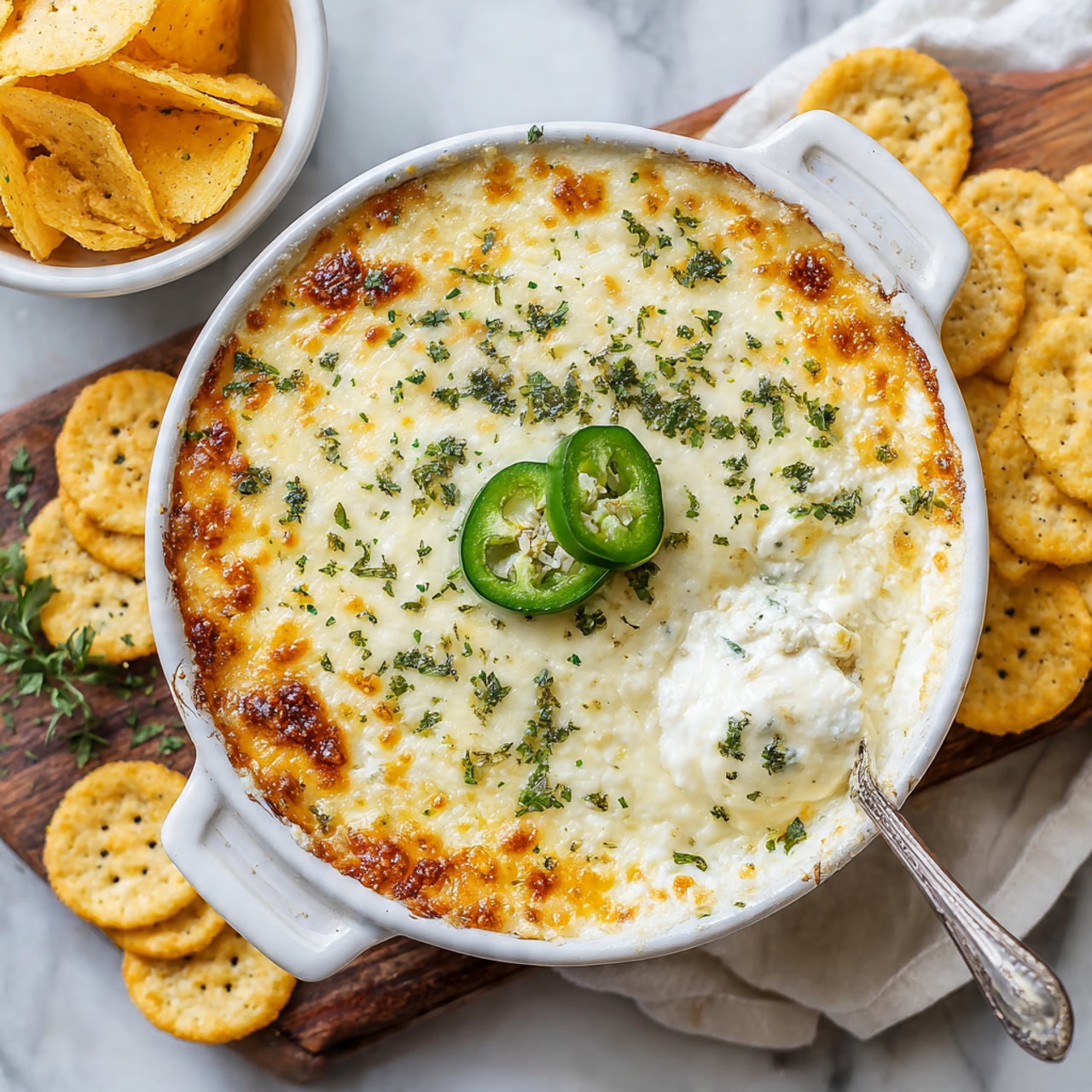 A white round dish filled with a cheesy dip that has a golden brown, slightly bubbly top layer with small browned spots all over. The dip is garnished with chopped green herbs and two slices of green jalapeño pepper placed in the middle. A silver spoon is partially dipped into the creamy white and light yellow cheese mix, showing one scoop taken out near the top right side. Around the dish, there are round crackers and a bowl of triangular yellow corn chips. The whole setup is placed on a white marbled surface with a blurry glass of amber drink and some green herbs in the background. Photo taken with an iphone --ar 4:5 --v 7