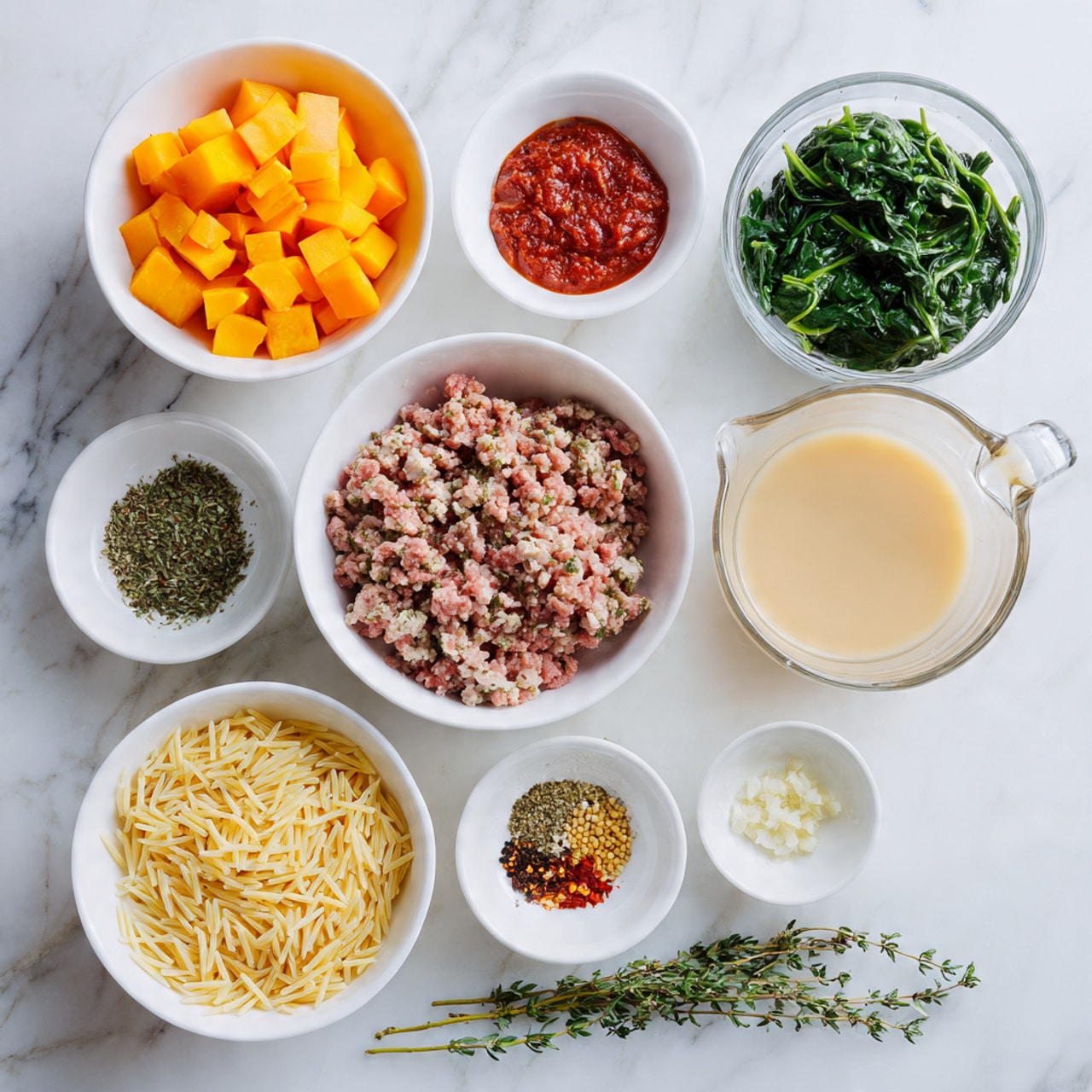 A top view of a variety of cooking ingredients arranged on a white marbled surface: in the center is a white bowl filled with raw ground meat mixed with spices, surrounded by smaller white bowls containing chopped garlic, mixed herbs, salt with red pepper flakes, and orzo pasta. To the left, there is a white bowl filled with bright orange diced pumpkin, above it a small white bowl with red paste, and to the right, a transparent container full of fresh green spinach leaves. Additionally, there is a clear measuring cup filled with a light brown broth and another clear measuring cup containing white milk. Two sprigs of fresh thyme rest near the bottom right corner. photo taken with an iphone --ar 4:5 --v 7