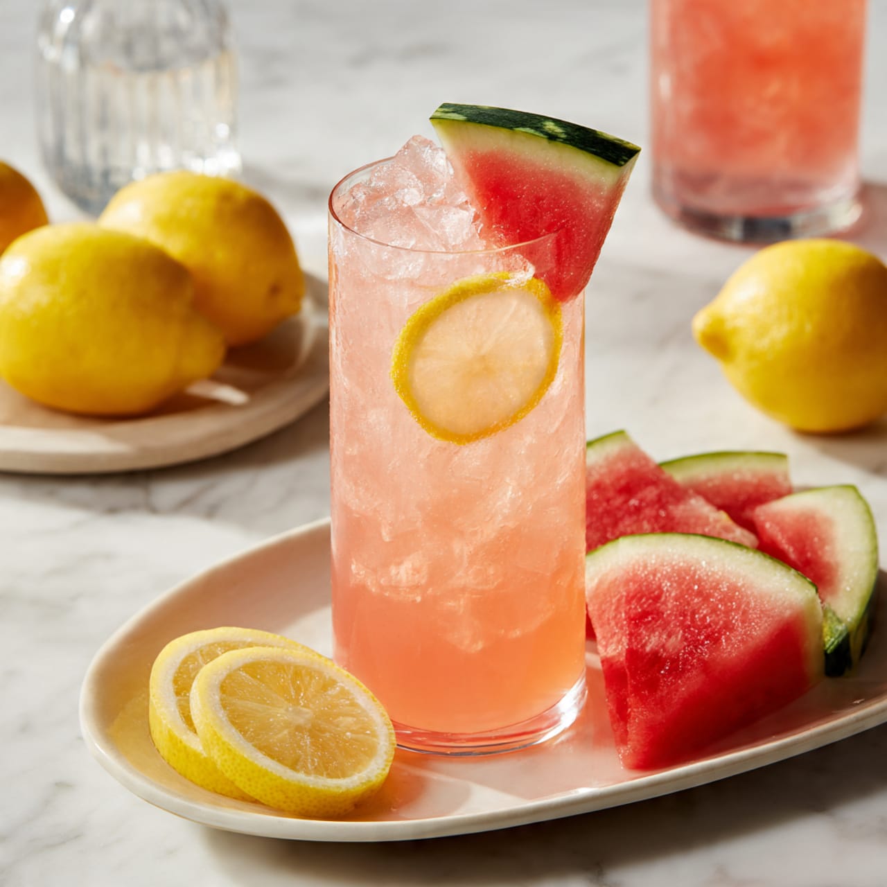 The image shows a clear blender filled with three visible layers. The bottom layer has yellow lemon wedges, some with white pith showing, packed closely together. Above that is a small middle layer of off-white textured coconut pieces. The top layer is filled with large pink-red watermelon chunks, some with wet, shiny surfaces from ice or juice. The blender is set on a white marbled surface, with a blurred white tiled background. photo taken with an iphone --ar 4:5 --v 7