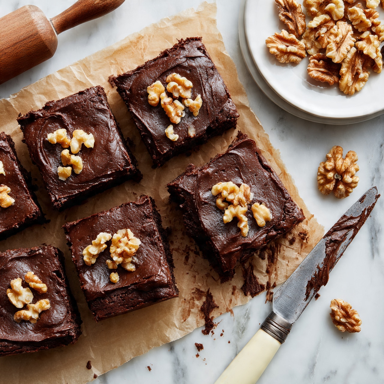 The image shows a rich, dark chocolate brownie cut into six square pieces, with one piece slightly separated at the bottom. Each brownie piece has a thick, smooth layer of dark chocolate frosting on top, decorated with small chunks of walnuts scattered evenly across the surface. The brownies rest on brown parchment paper, placed on a white marbled surface. Nearby, there is a white plate filled with halved and whole walnuts, while whole walnuts and walnut pieces are scattered around the brownies. A knife with a cream-colored handle, smeared with chocolate, lies on the bottom right corner. A rolling pin handle is visible on the upper left side. photo taken with an iphone --ar 4:5 --v 7