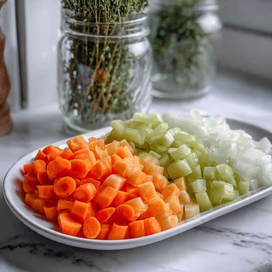 An oval white plate with three layers of chopped vegetables arranged side by side: bright orange round carrot slices at the top right, light green celery pieces in the middle, and white diced onion chunks at the bottom, all placed on a white marbled surface. In the background, there is a clear glass jar with green leafy herbs. photo taken with an iphone --ar 4:5 --v 7