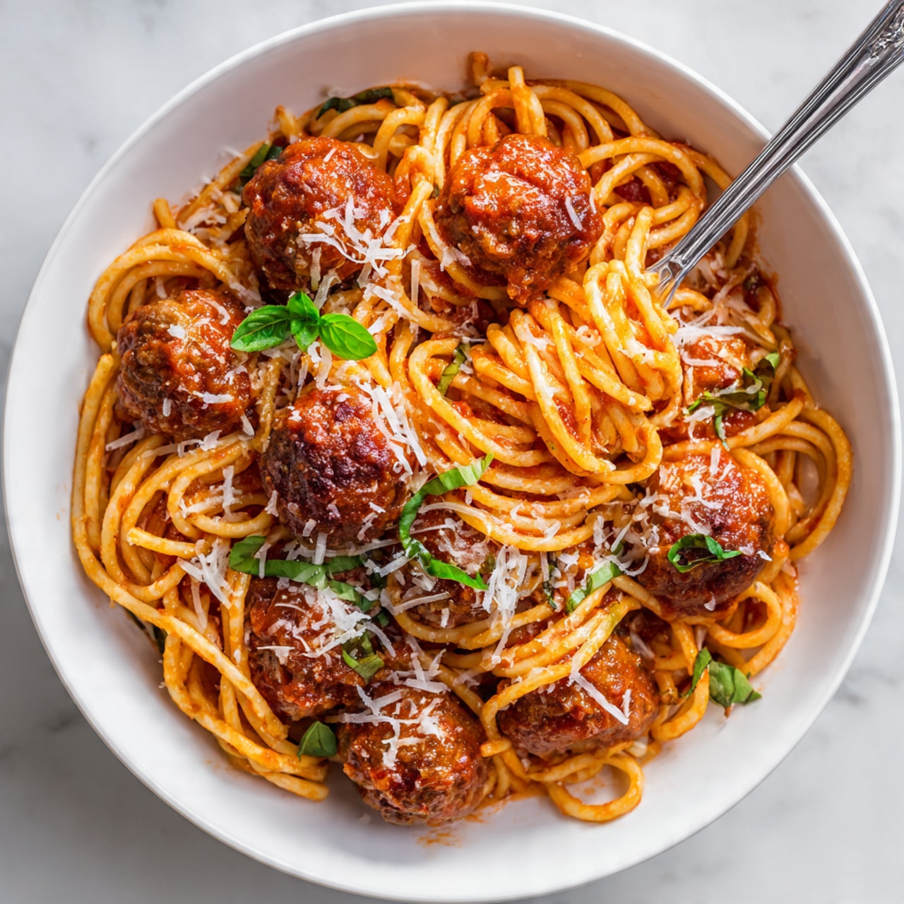 The image shows a close-up of a white bowl filled with spaghetti pasta and several meatballs mixed in. The meatballs are brown with a textured surface, topped with thin white shredded cheese. The spaghetti is coated in a red tomato sauce that gives it a shiny look. There are a few fresh green basil leaves scattered on top, adding a pop of color. A fork is twirling some spaghetti from the bowl. The whole dish is set against a white marbled surface. photo taken with an iphone --ar 4:5 --v 7