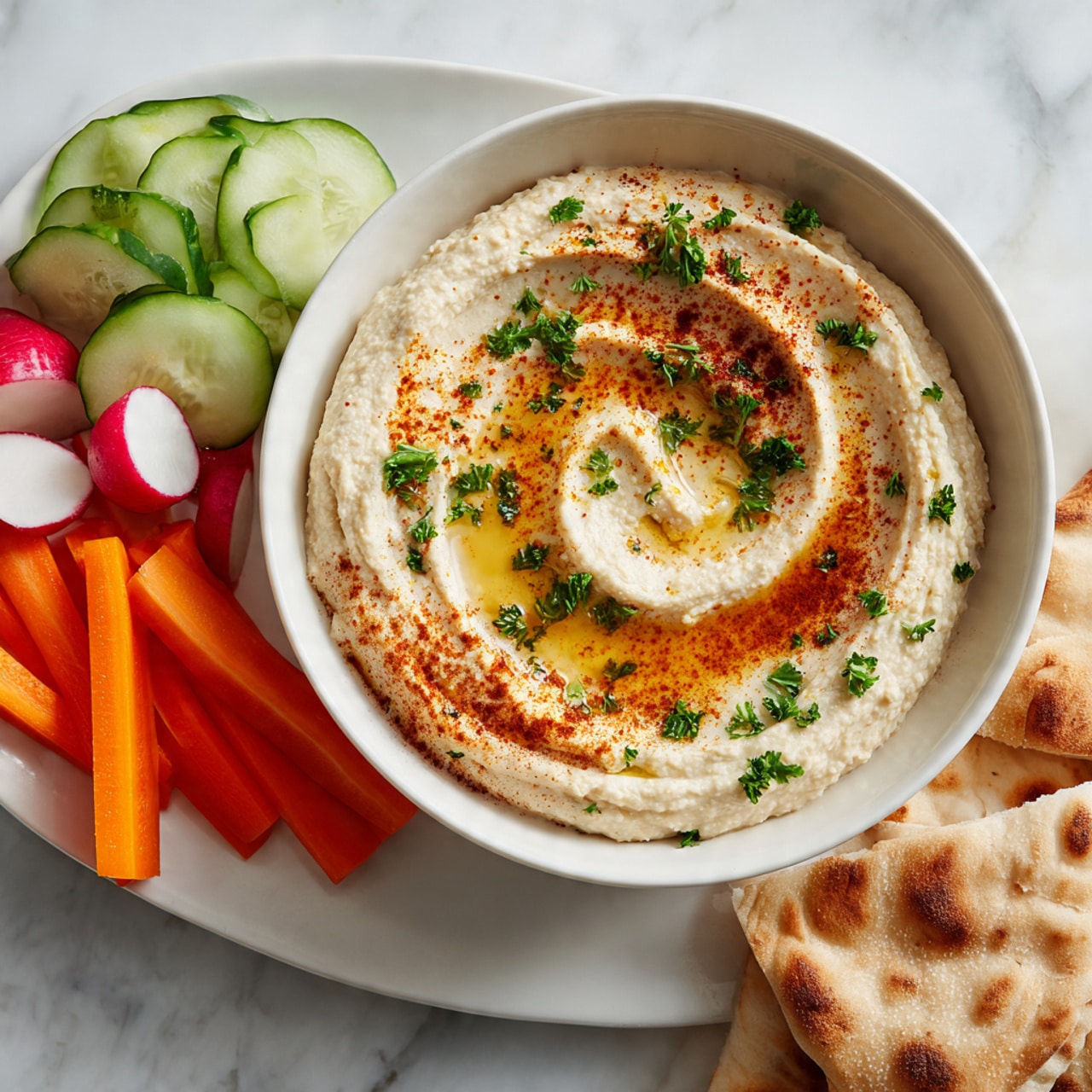 A bowl filled with a creamy layer of smooth white hummus swirled gently on top, garnished with bright green chopped parsley scattered evenly across and a drizzle of golden olive oil pooling in the center, along with a light dusting of reddish paprika on one side. Next to the white bowl, there is a small white plate with crisp cucumber sticks, orange carrot sticks, and slices of radish showing fresh colors. At the bottom right edge, pieces of light, soft pita bread with slightly browned spots rest on a white marbled surface. Photo taken with an iphone --ar 4:5 --v 7