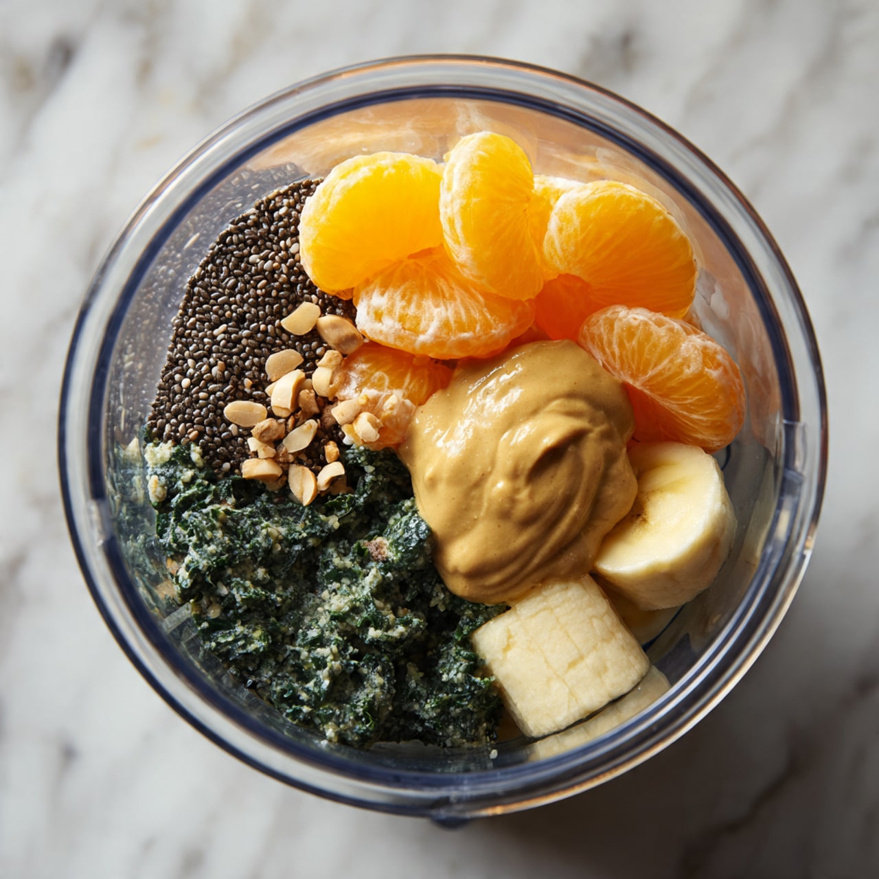 Two clear glasses filled with a thick, bright green smoothie showing a smooth, slightly creamy texture. The glass in front is centered with little bubbles on the surface, while the second glass is slightly blurred in the background on the left. Around the glasses, there are fresh spinach leaves, whole bananas leaning to the left, a small bowl with black chia seeds and a wooden spoon on a white marbled surface. To the right side, there are peeled orange segments with their bright orange color contrasting with the green smoothie. The background is bright and softly blurred. photo taken with an iphone --ar 4:5 --v 7