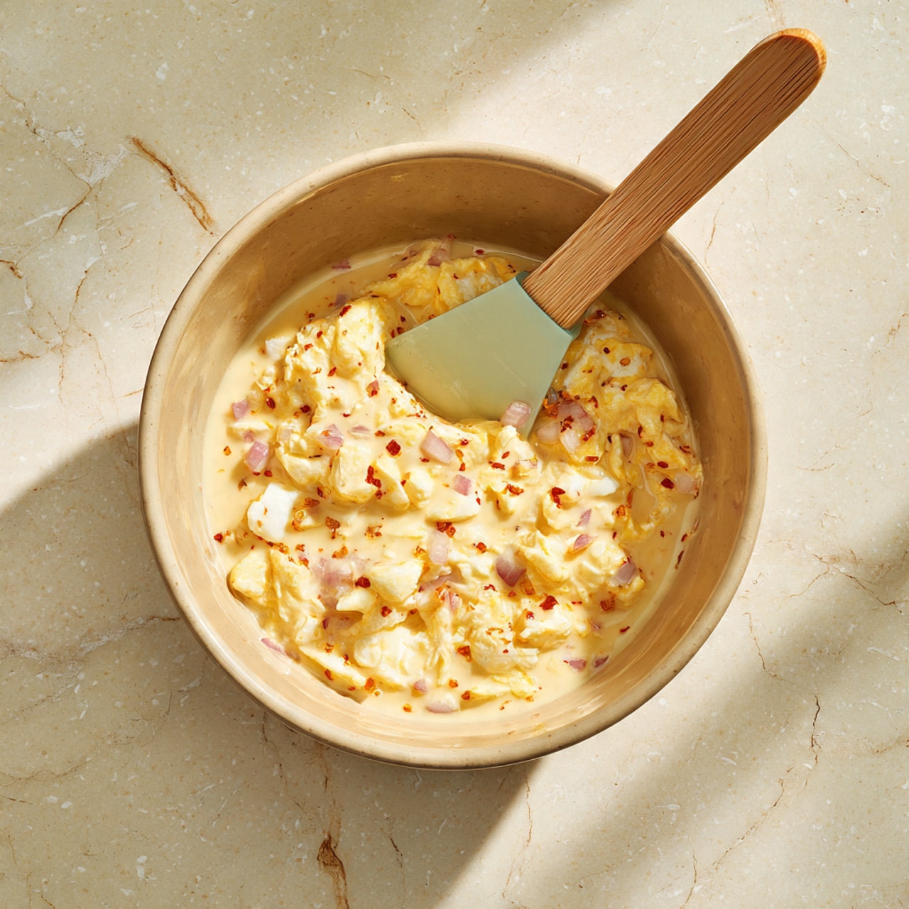 A beige bowl holds a mixture of chopped eggs coated in a creamy, pale yellow sauce with small bits of red onion scattered throughout. A light green rubber spatula with a wooden handle rests inside the bowl, partially submerged in the egg mixture. The scene is set on a white marbled surface that reflects soft natural light. photo taken with an iphone --ar 4:5 --v 7