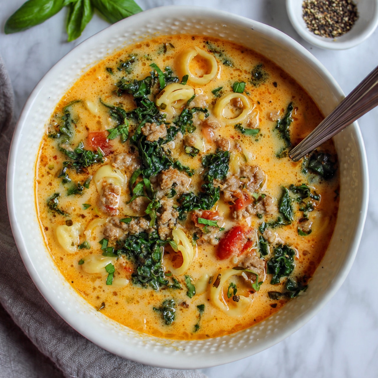 The image shows a white textured bowl filled with a creamy orange soup that has visible pieces of cooked sausage, dark green leafy kale, small rings of pasta, and bits of diced tomato and celery. A silver spoon is resting on the right edge of the bowl inside the soup. The background is a white marbled surface with some fresh green basil placed near the top left corner and a small white bowl with ground black pepper to the top right. A piece of gray fabric is partially seen beneath the bowl on the bottom left. Photo taken with an iphone --ar 4:5 --v 7
